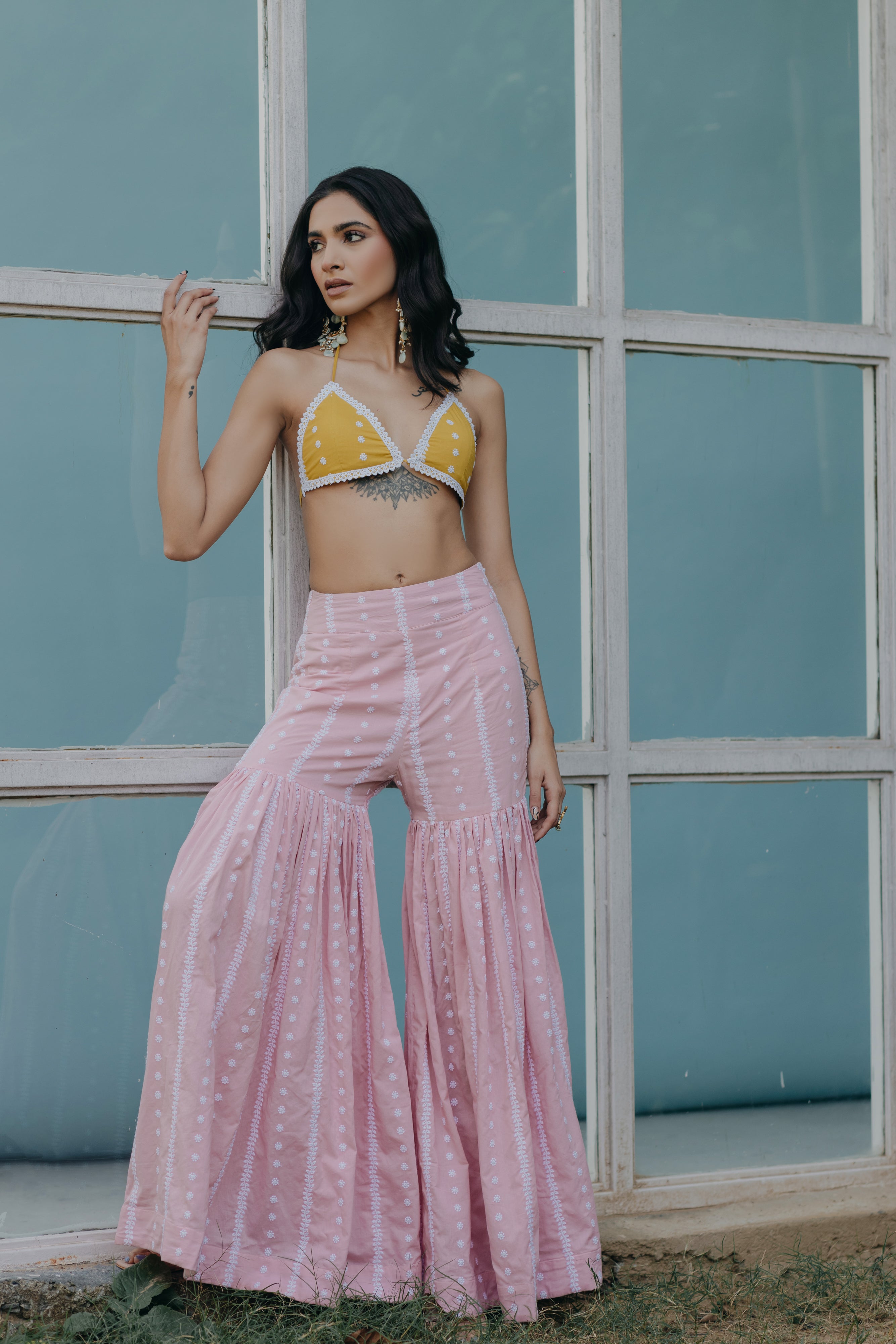 Laila Pink & Yellow Embroidered Cotton Kaftan, Blouse and Sharara Set