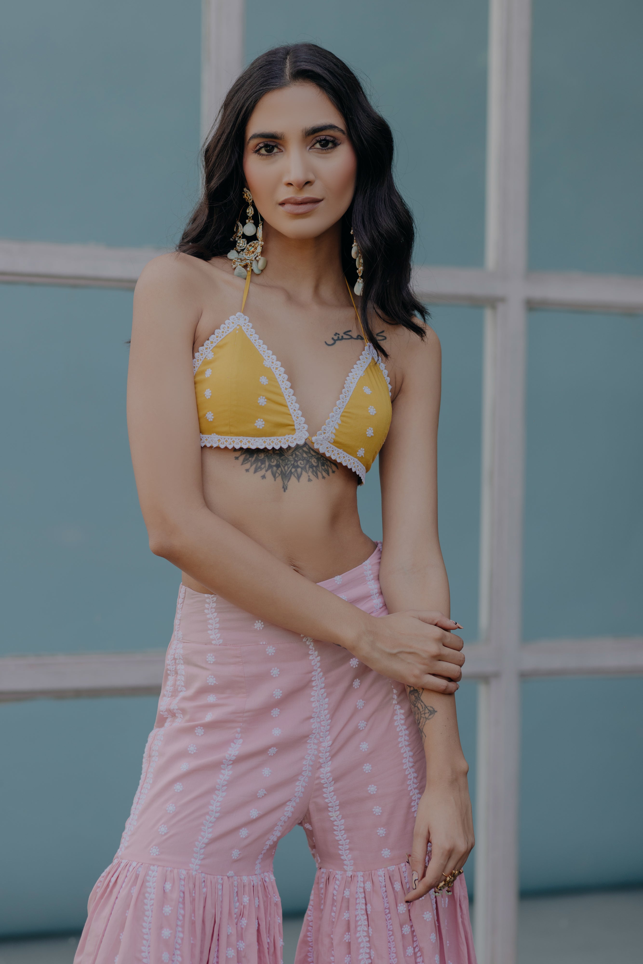 Laila Pink & Yellow Embroidered Cotton Kaftan, Blouse and Sharara Set