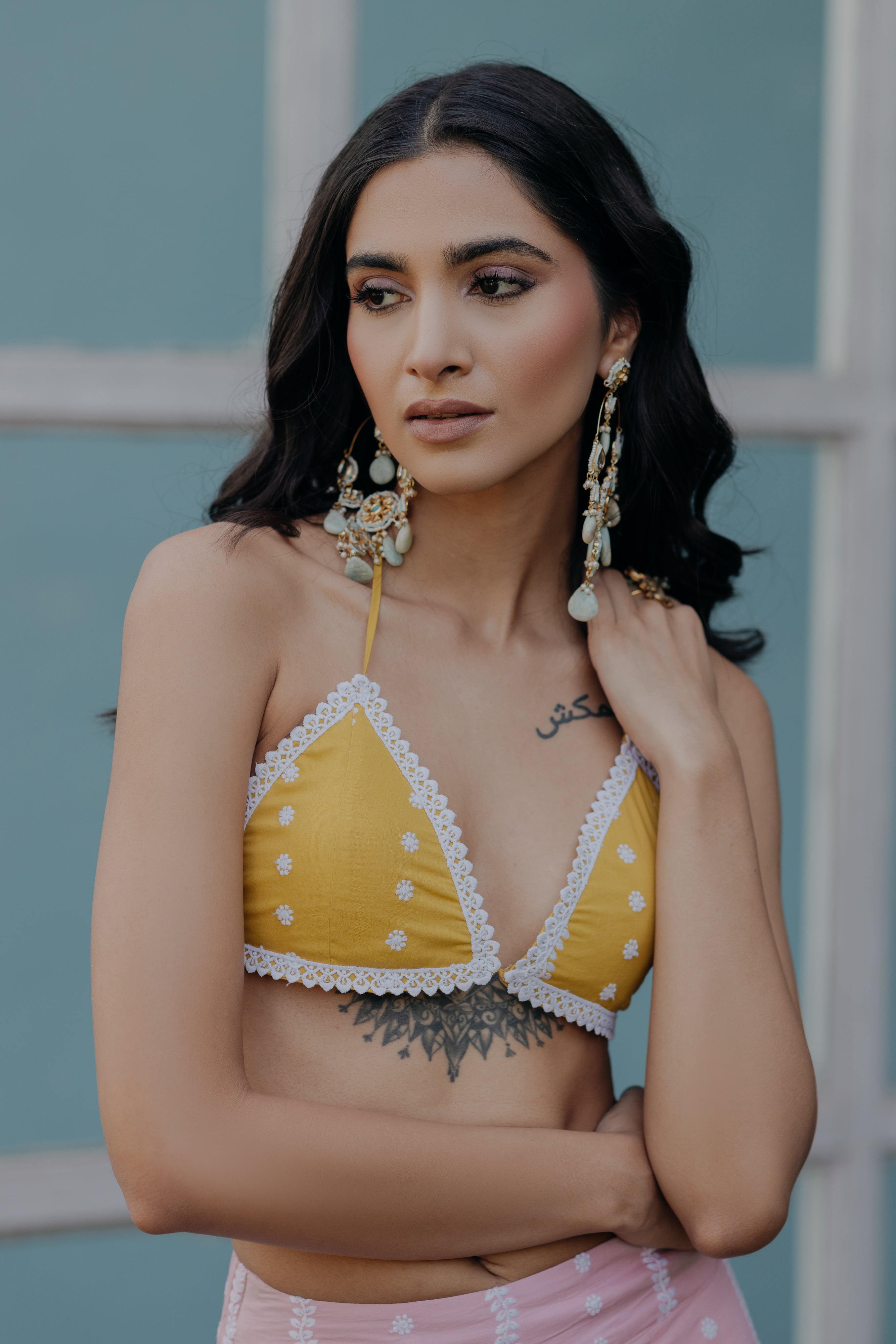 Laila Pink & Yellow Embroidered Cotton Kaftan, Blouse and Sharara Set