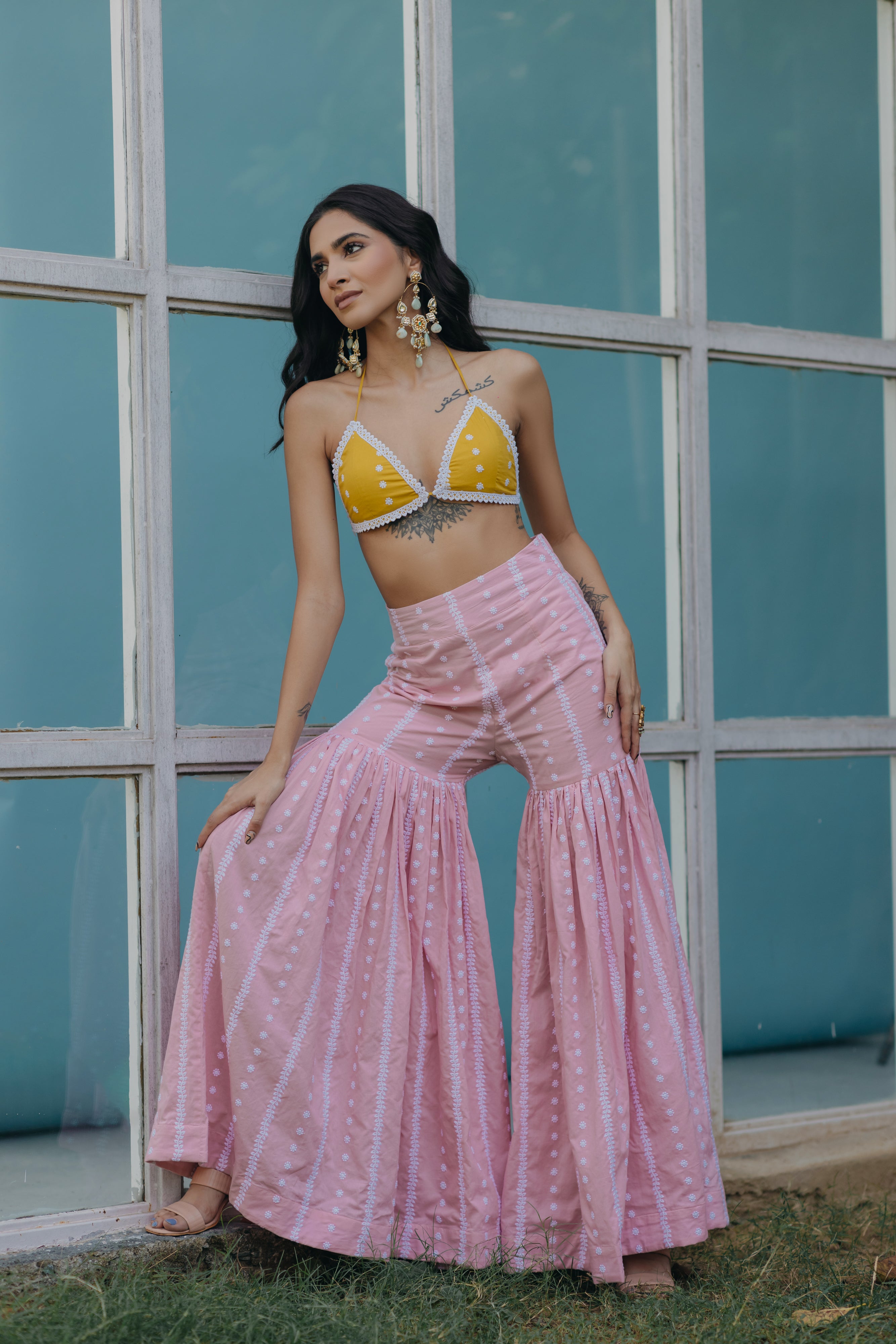 Laila Pink & Yellow Embroidered Cotton Kaftan, Blouse and Sharara Set