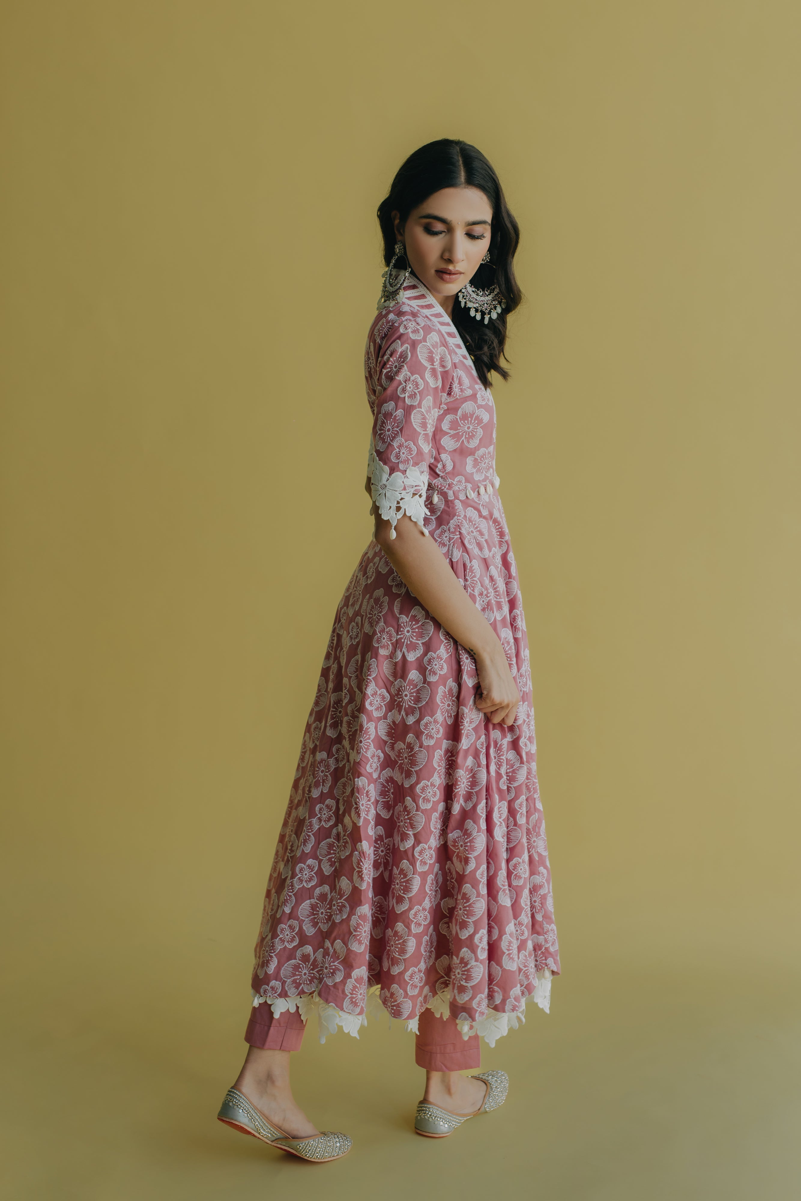 Meher Pink & Green Embroidered Cotton Anarkali