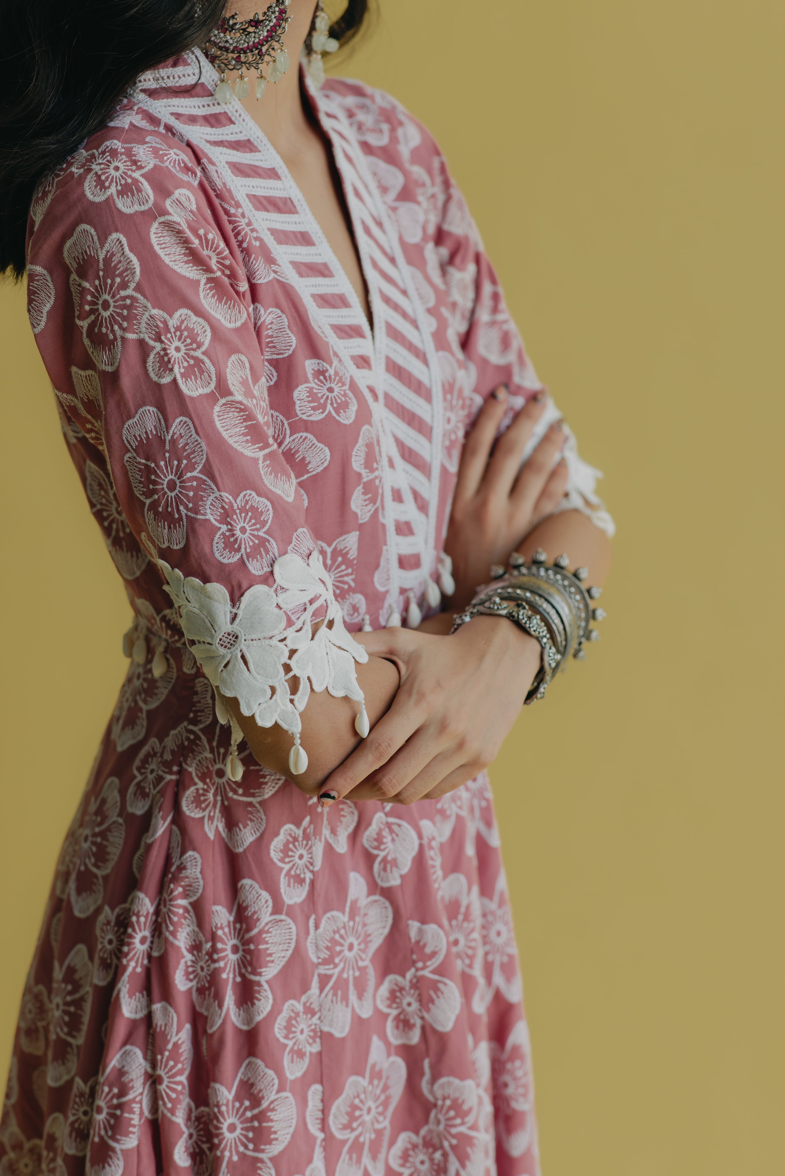 Meher Pink & Green Embroidered Cotton Anarkali