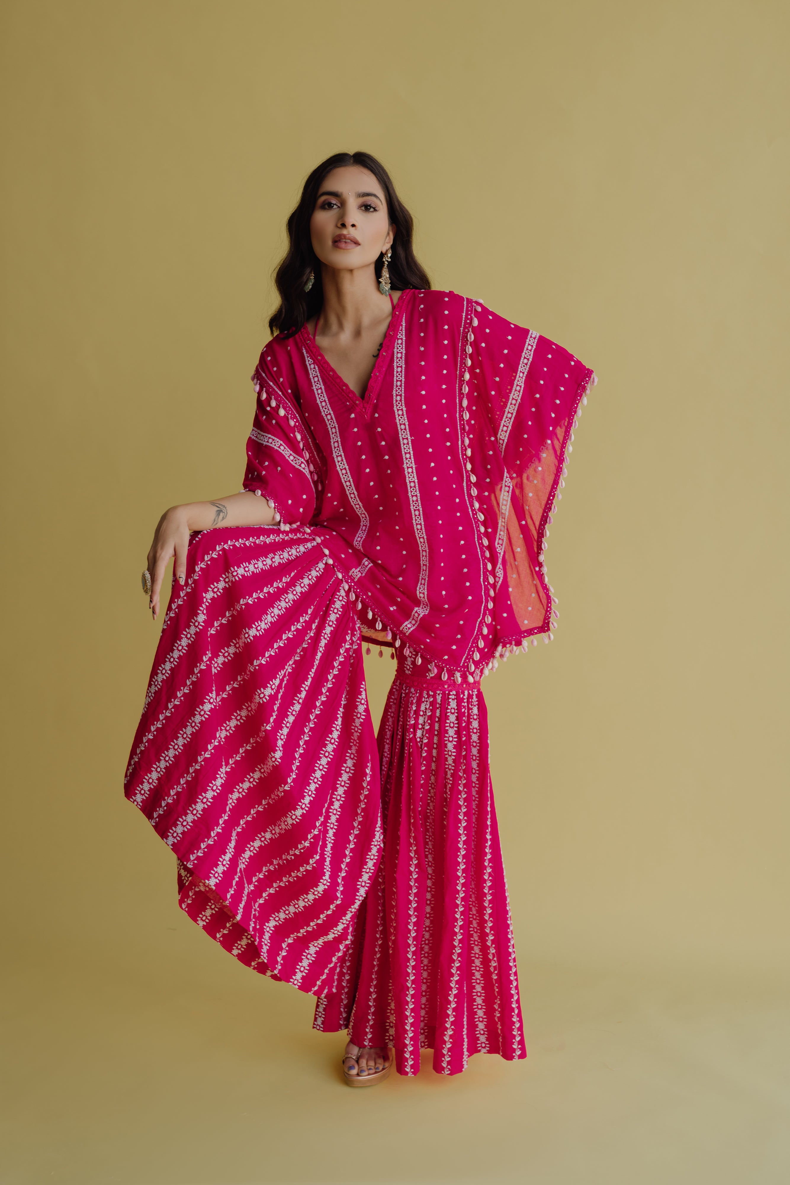 Alia Hot Pink Embroidered Cotton Kaftan, Blouse and Sharara Set