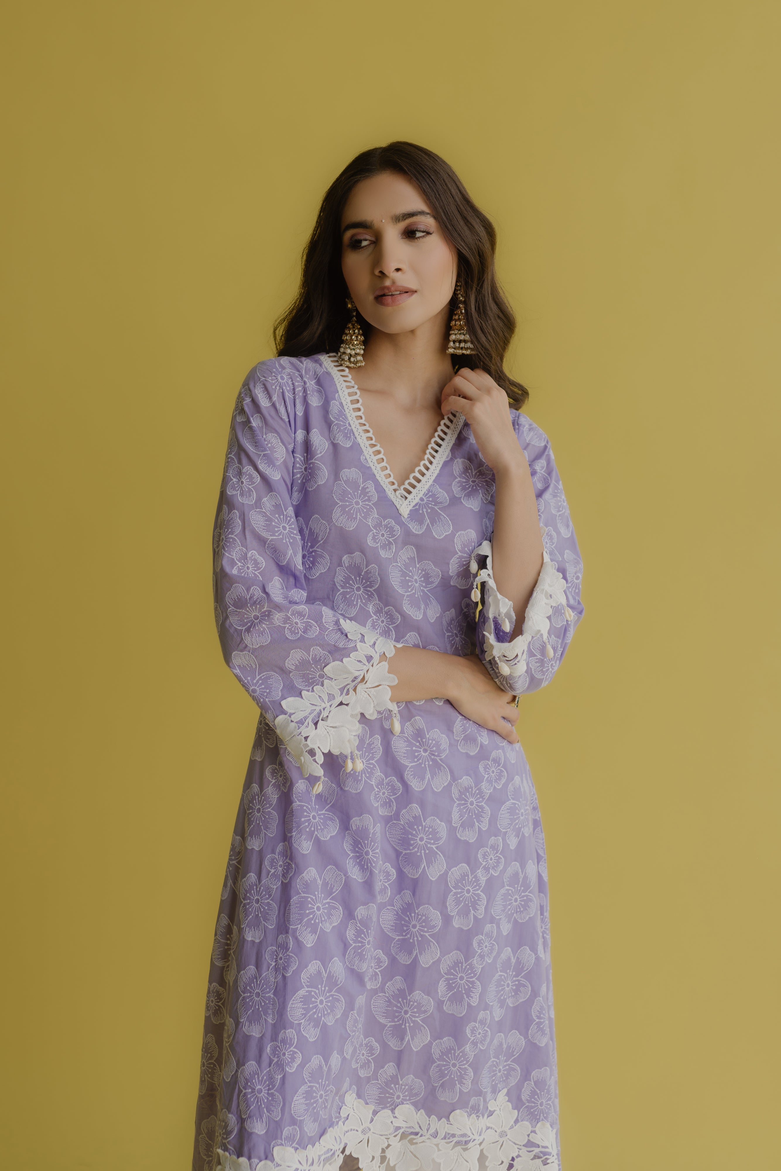 Noor Lilac Embroidered Cotton Kurta, Pant & Dupatta Set