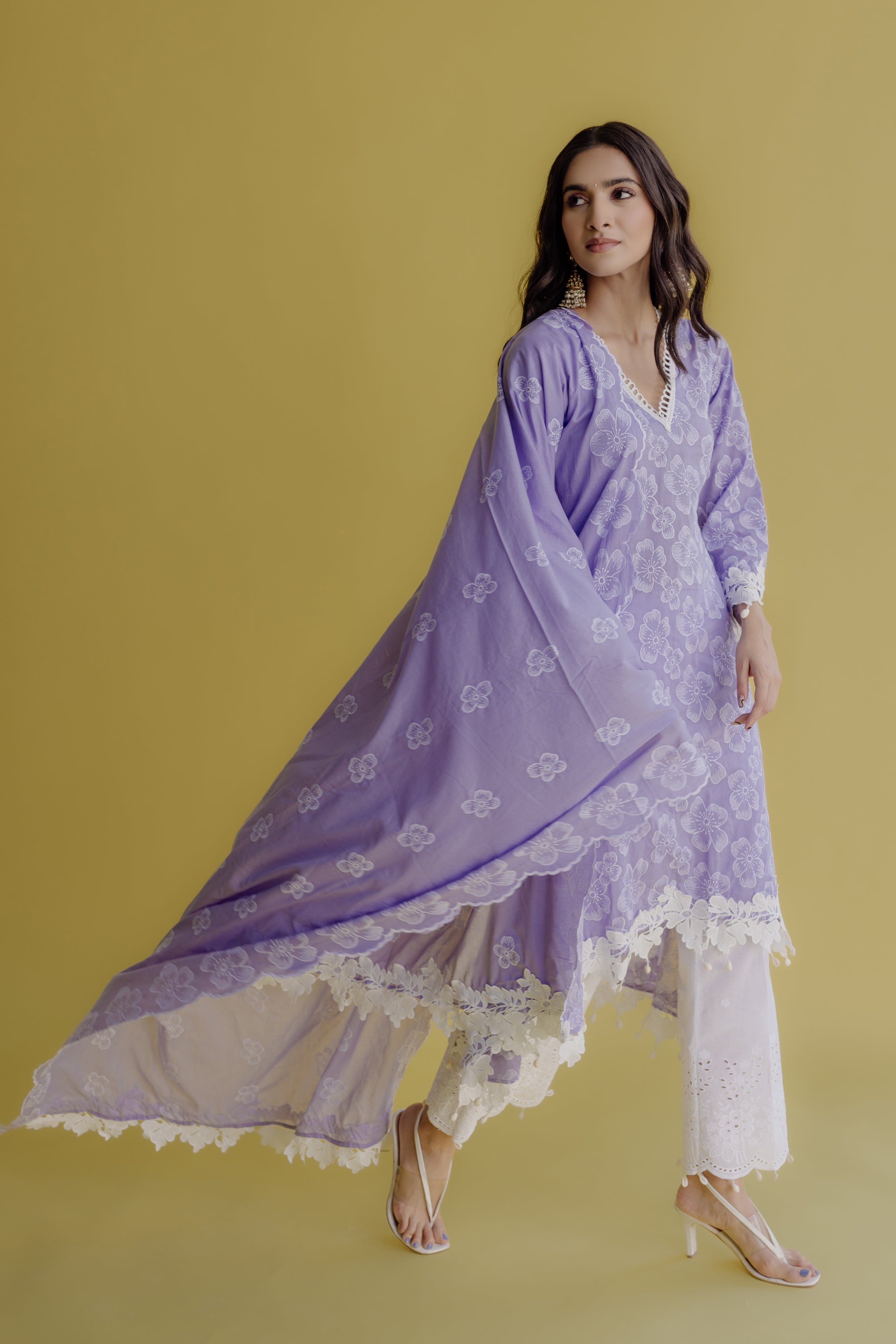 Noor Lilac Embroidered Cotton Kurta, Pant & Dupatta Set