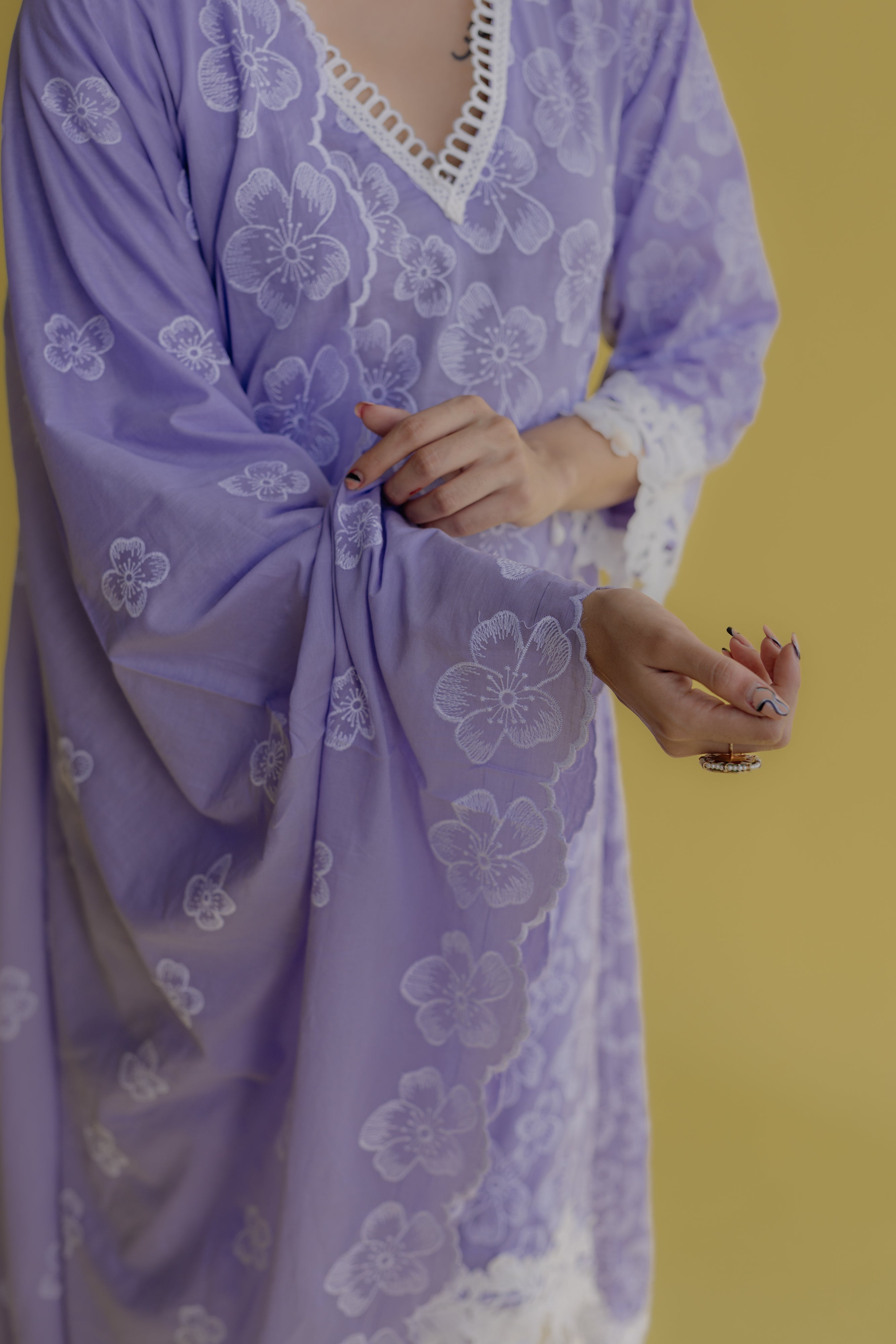 Noor Lilac Embroidered Cotton Kurta, Pant & Dupatta Set