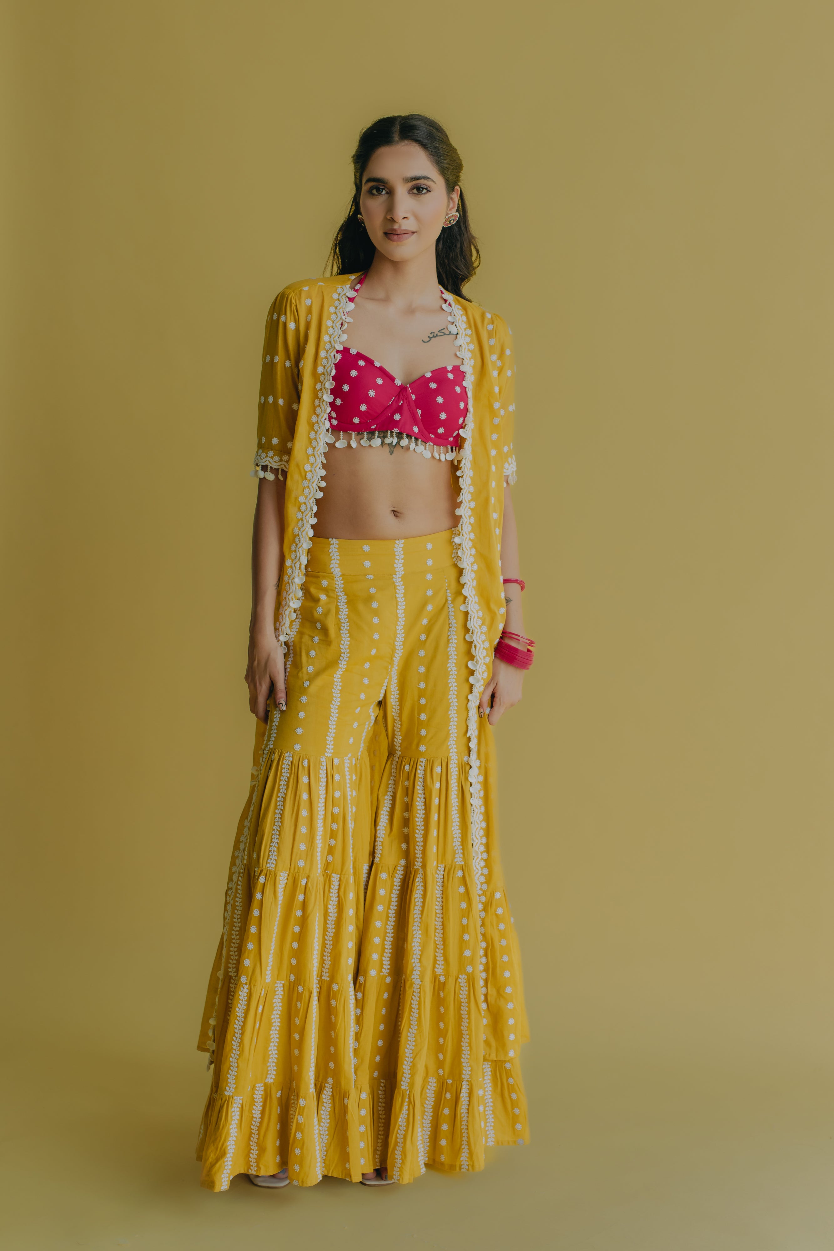 Aisha Yellow & Hot Pink Embroidered Cotton Jacket, Bustier and Sharara Set