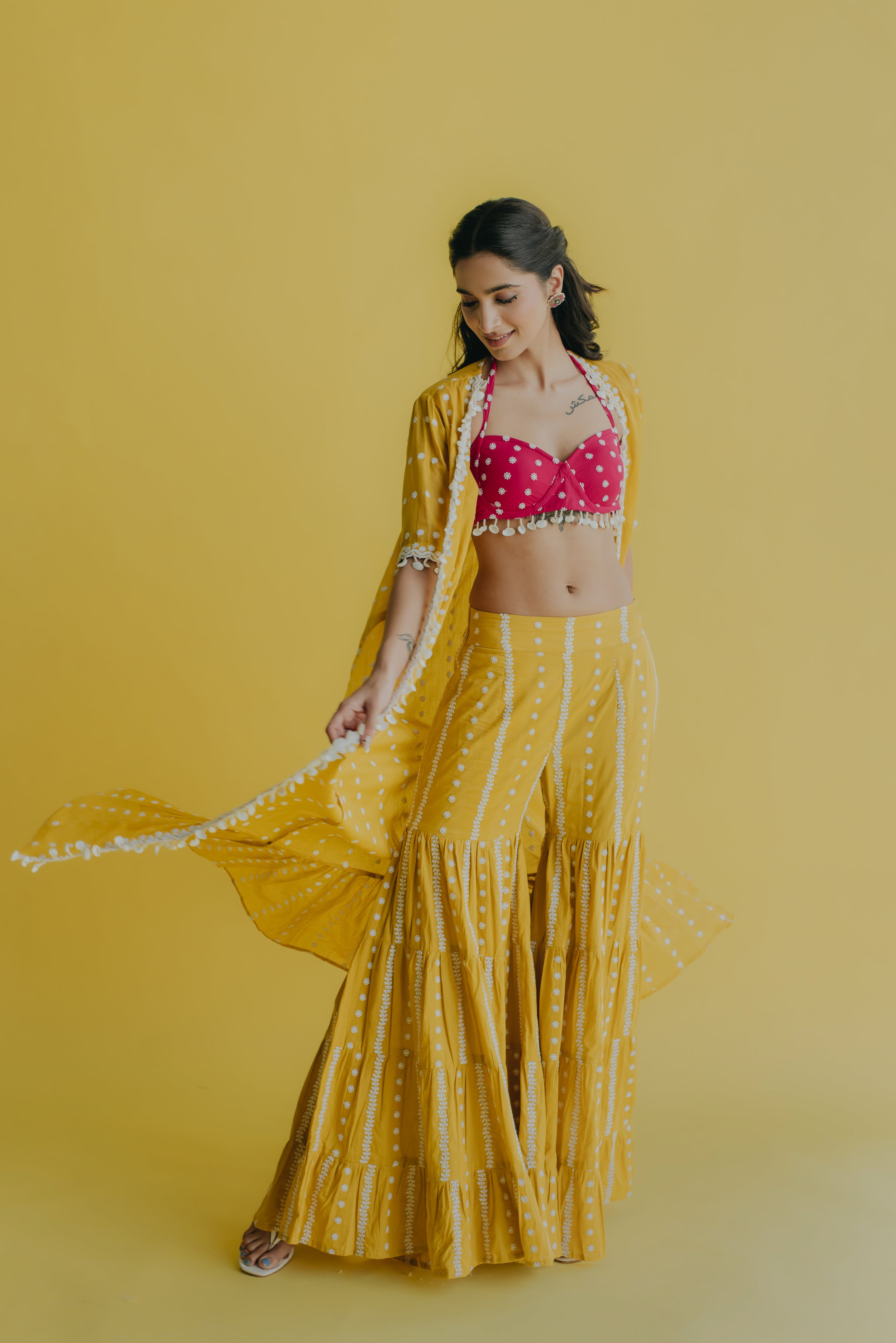 Aisha Yellow & Hot Pink Embroidered Cotton Jacket, Bustier and Sharara Set