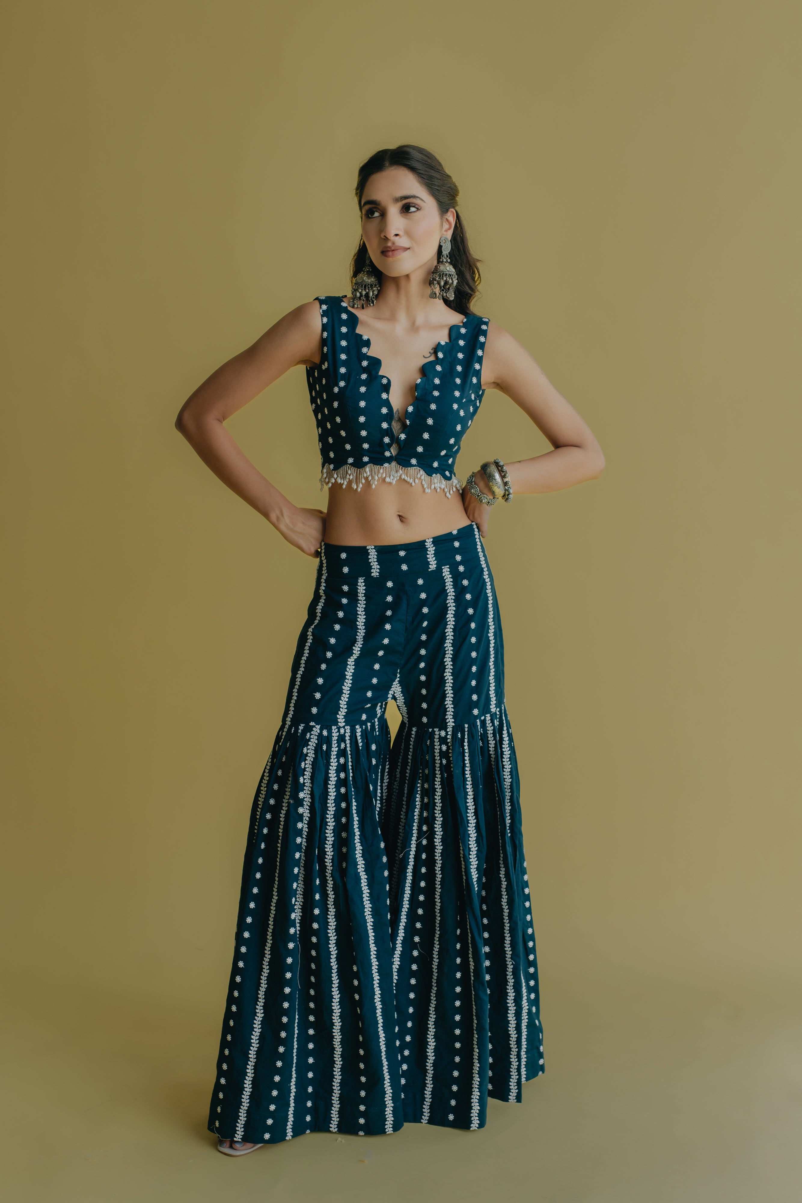 Inaya Royal Blue Embroidered Cotton Cape, Blouse and Sharara Set