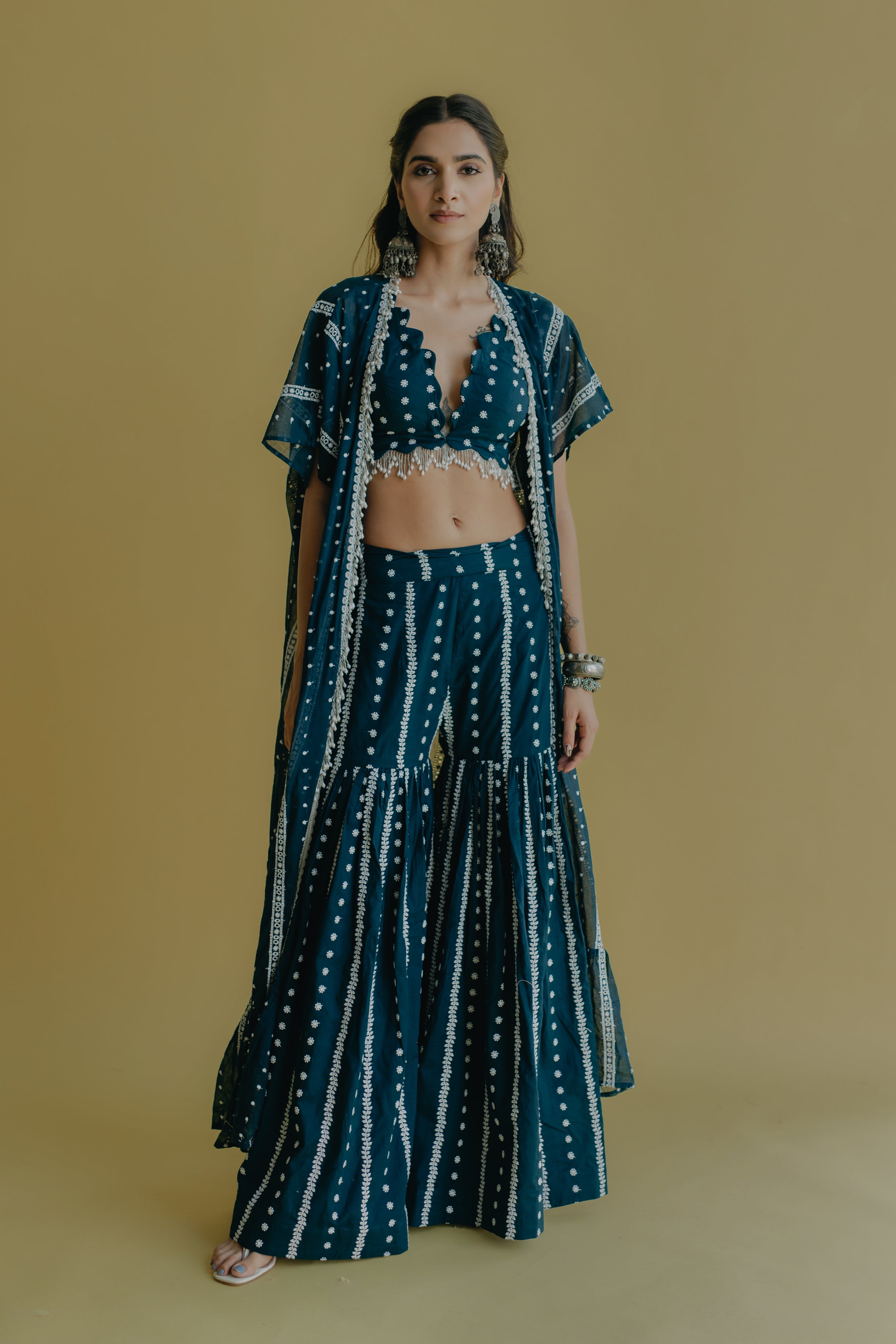 Inaya Royal Blue Embroidered Cotton Cape, Blouse and Sharara Set