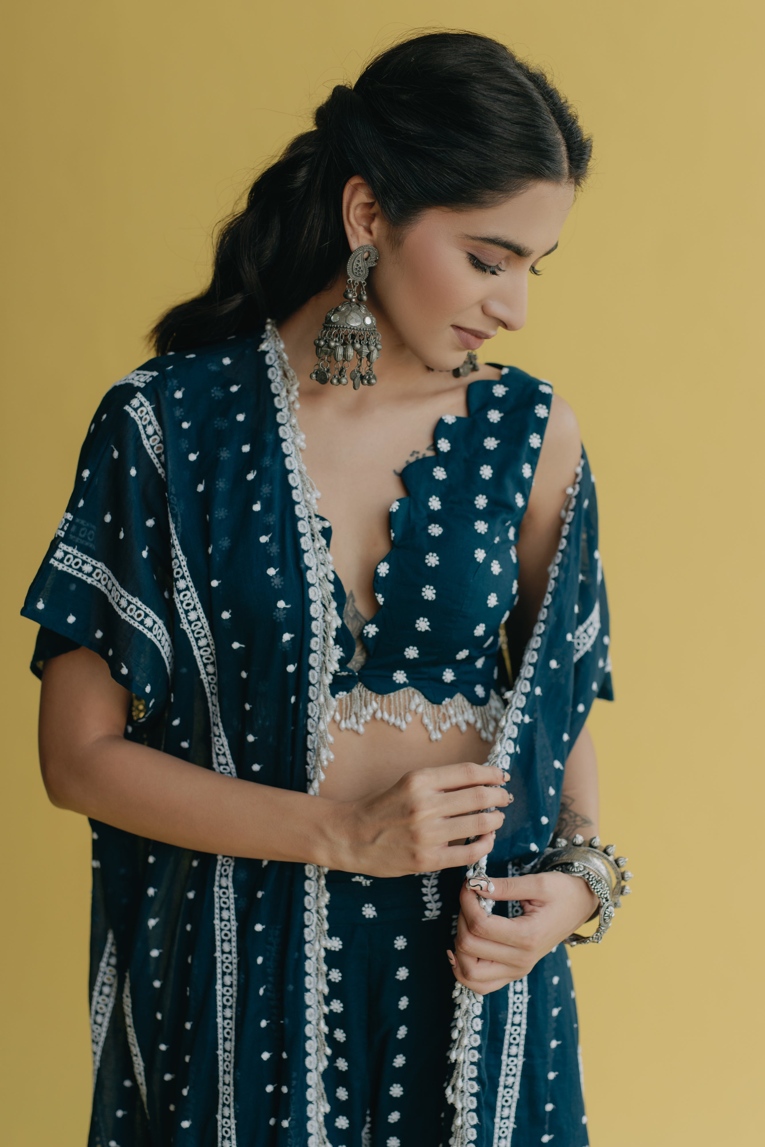 Inaya Royal Blue Embroidered Cotton Cape, Blouse and Sharara Set