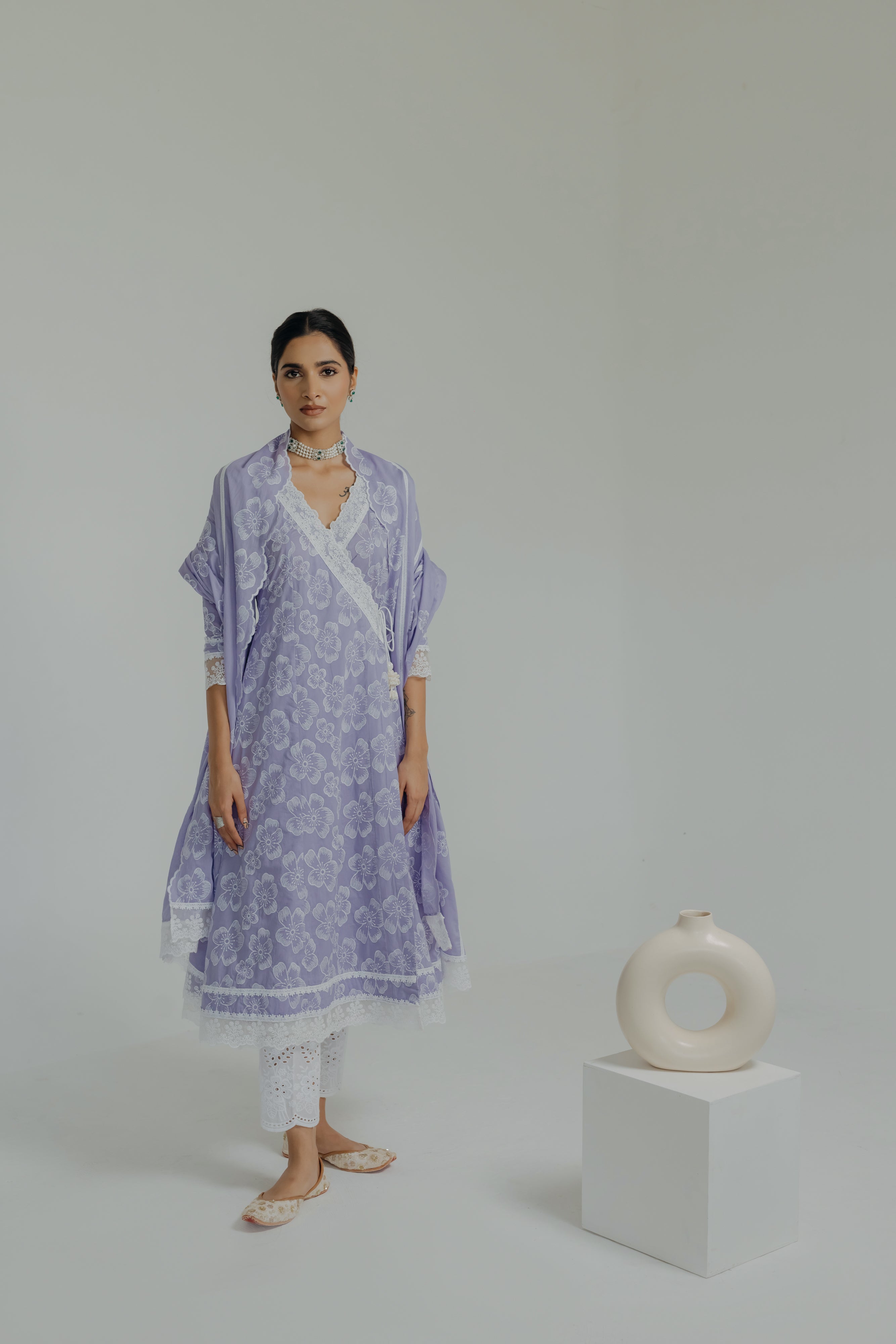 Naaz Lilac Embroidered Cotton Angrakha, Pants & Dupatta Set