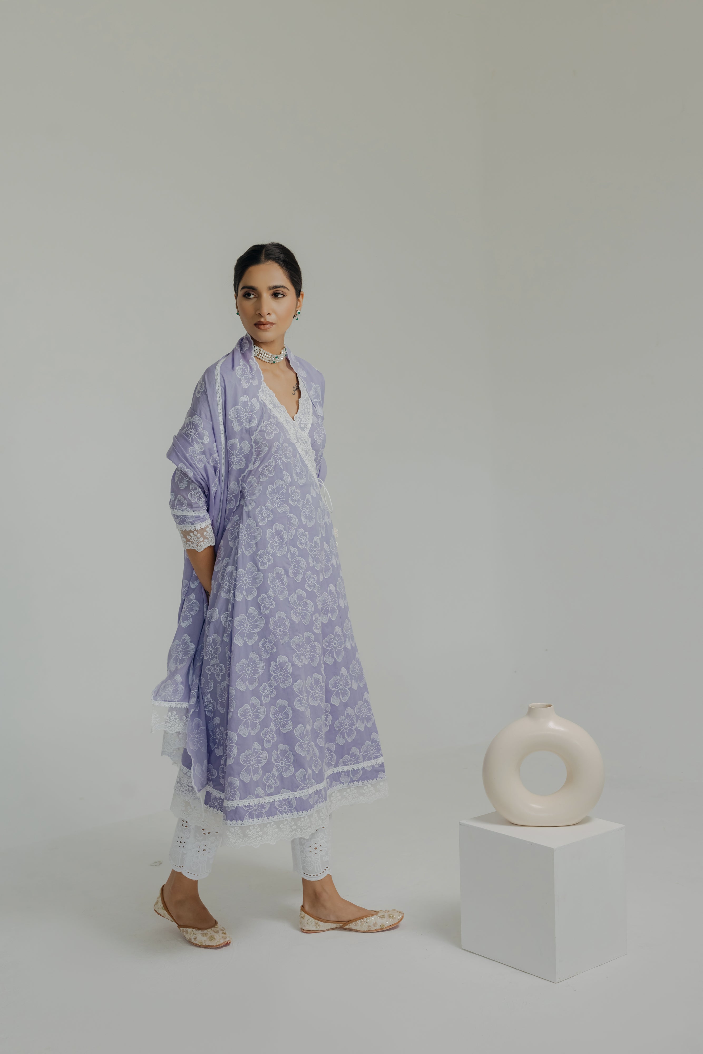 Naaz Lilac Embroidered Cotton Angrakha, Pants & Dupatta Set