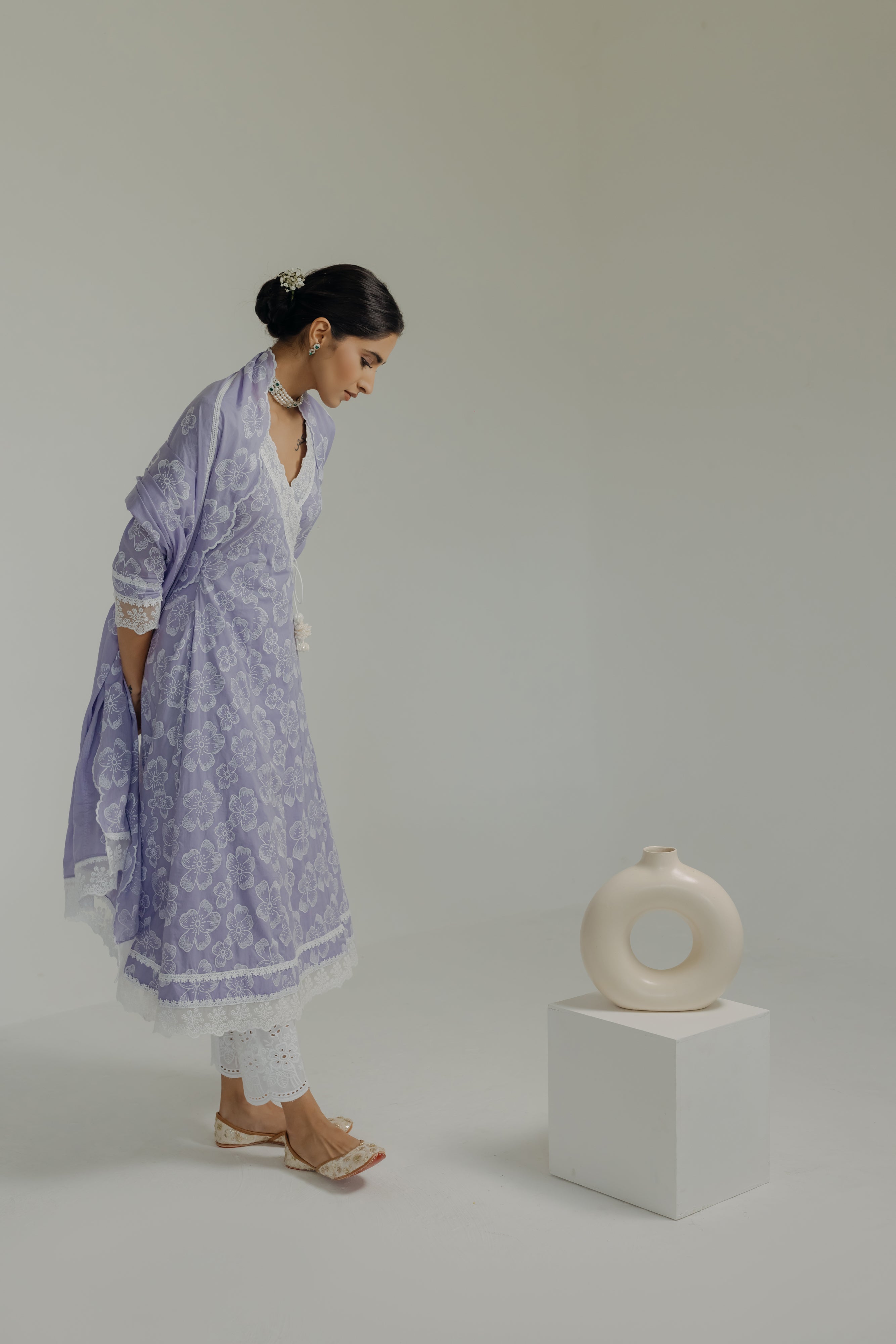 Naaz Lilac Embroidered Cotton Angrakha, Pants & Dupatta Set