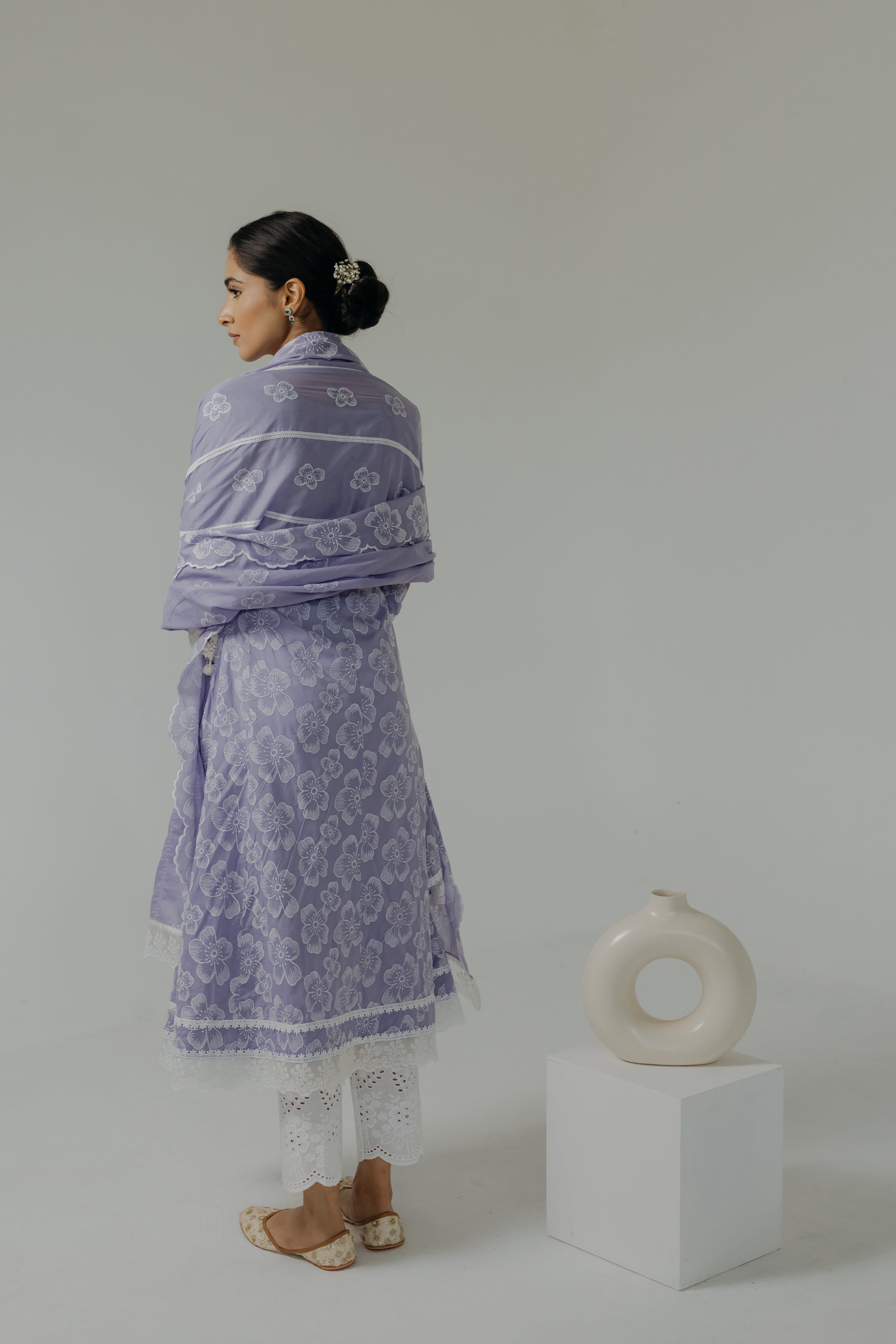 Naaz Lilac Embroidered Cotton Angrakha, Pants & Dupatta Set