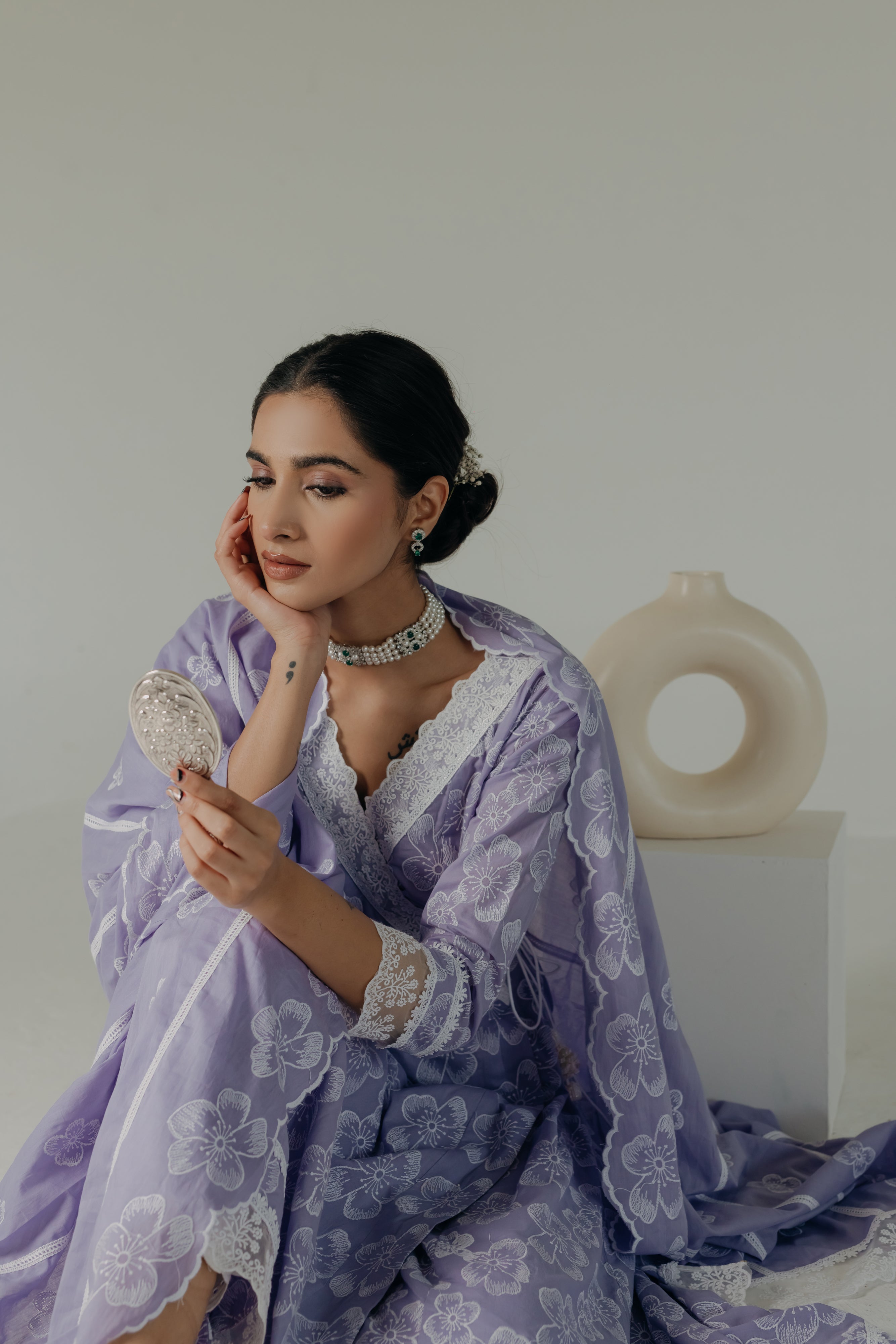 Naaz Lilac Embroidered Cotton Angrakha, Pants & Dupatta Set