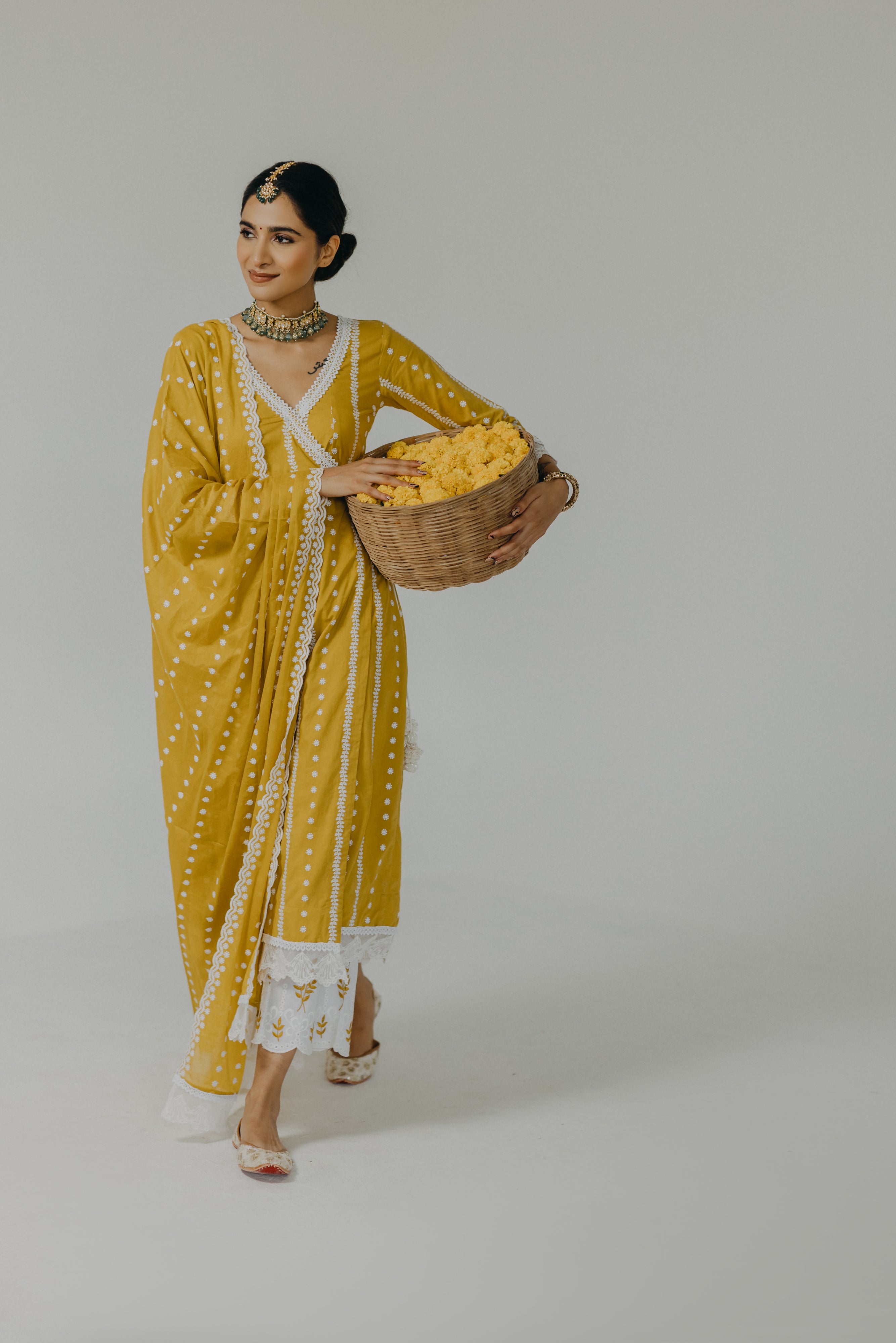 Amara Yellow Embroidered Cotton Angrakha, Pants & Dupatta Set