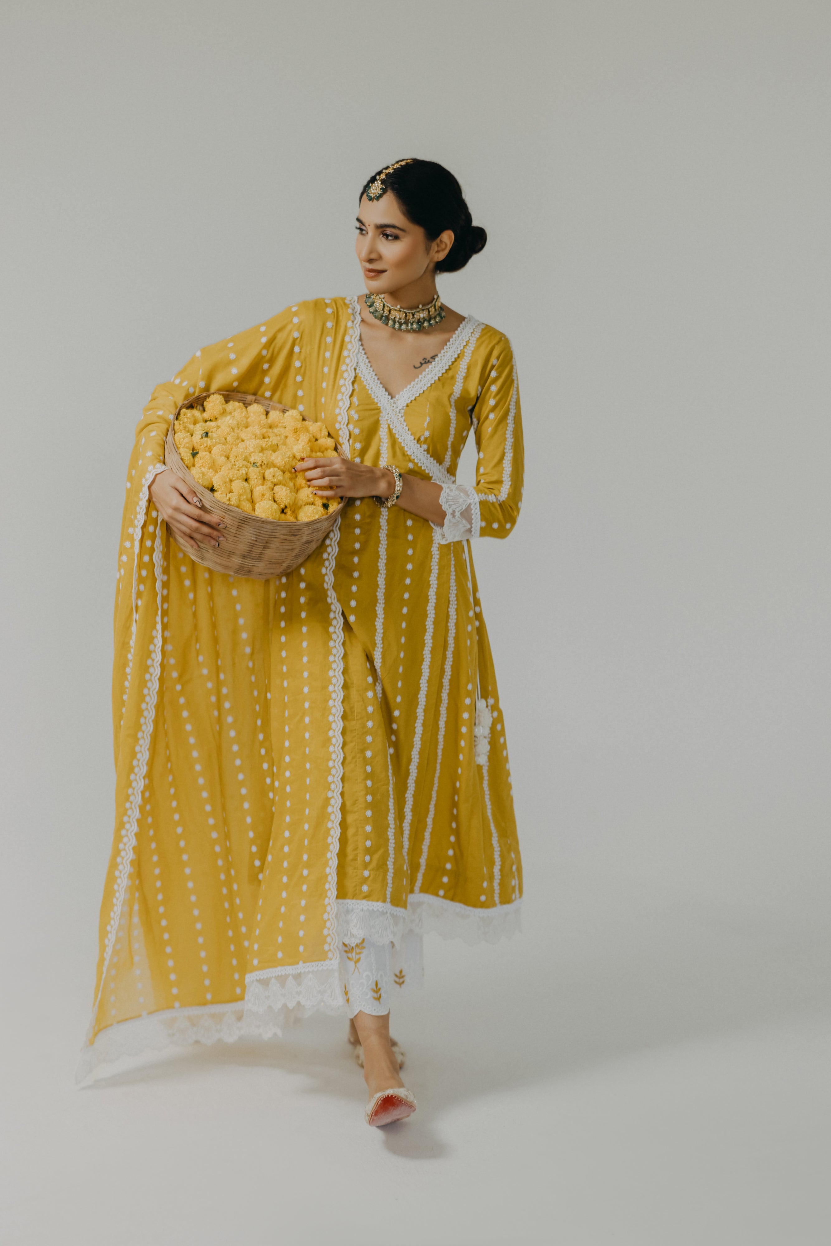 Amara Yellow Embroidered Cotton Angrakha, Pants & Dupatta Set