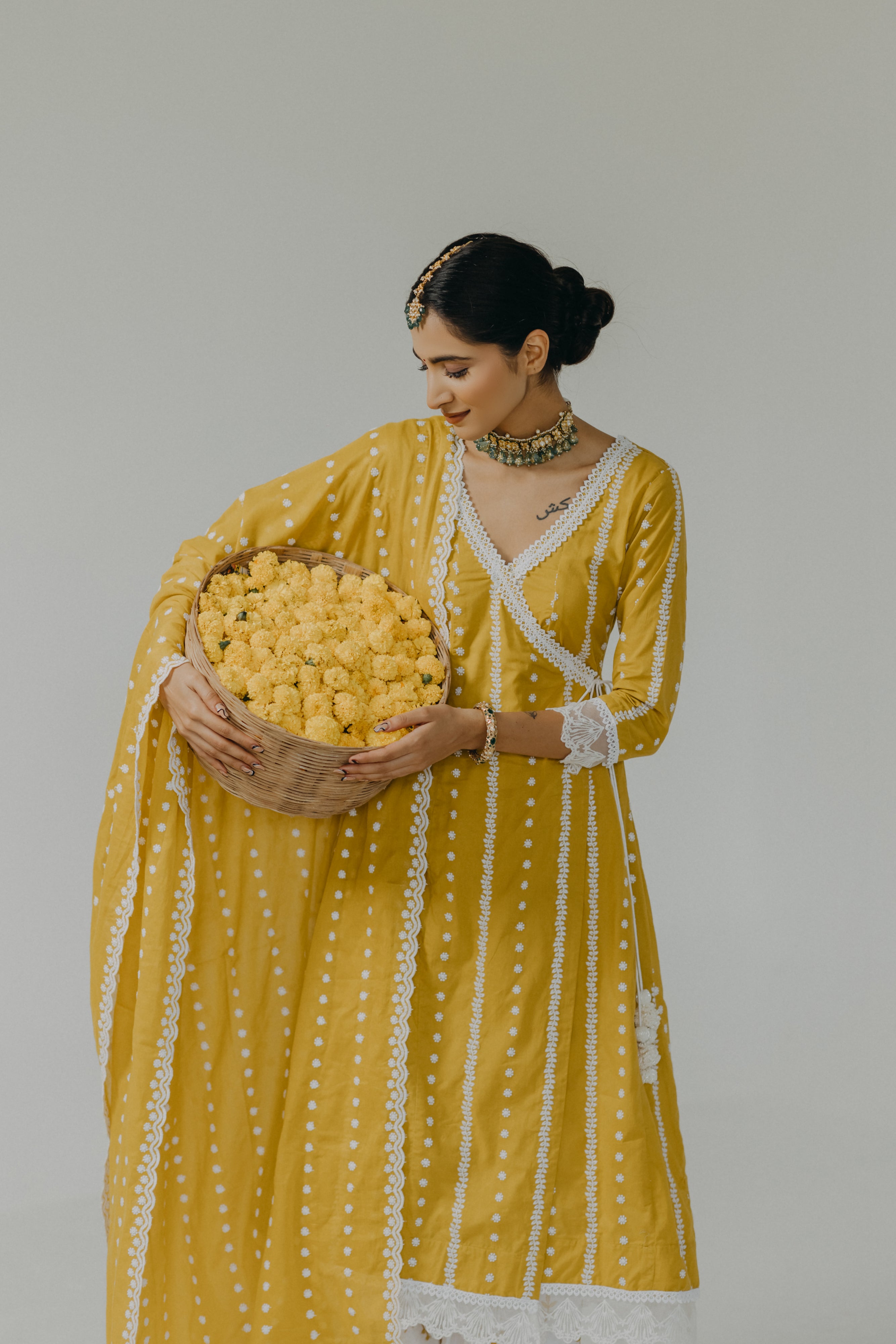 Amara Yellow Embroidered Cotton Angrakha, Pants & Dupatta Set