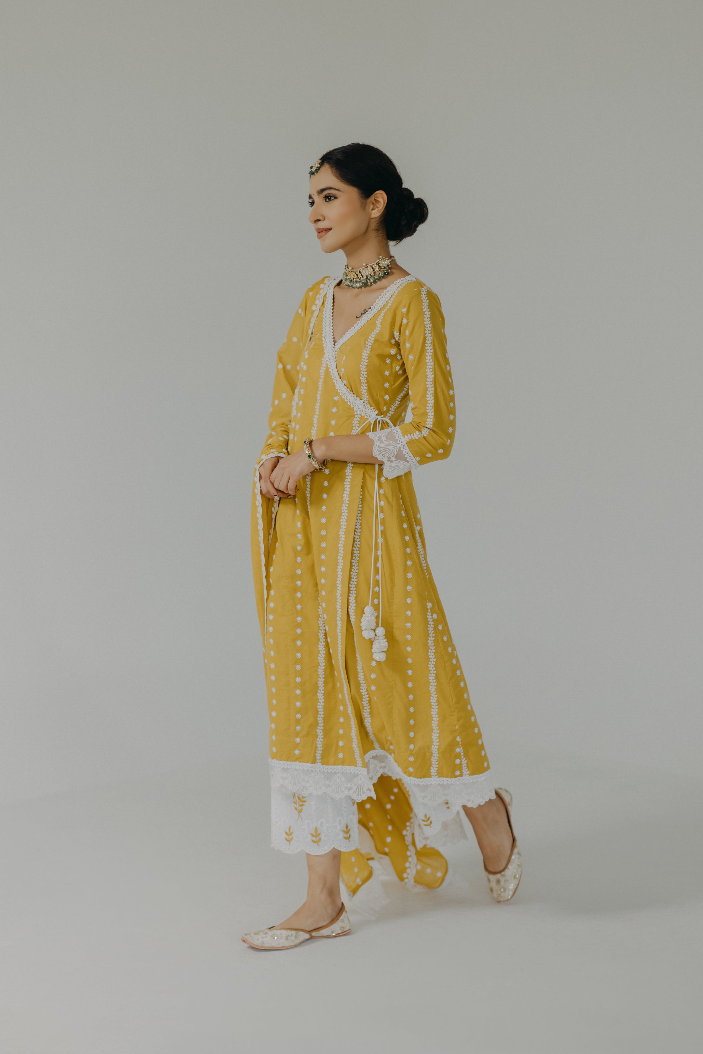 Amara Yellow Embroidered Cotton Angrakha, Pants & Dupatta Set