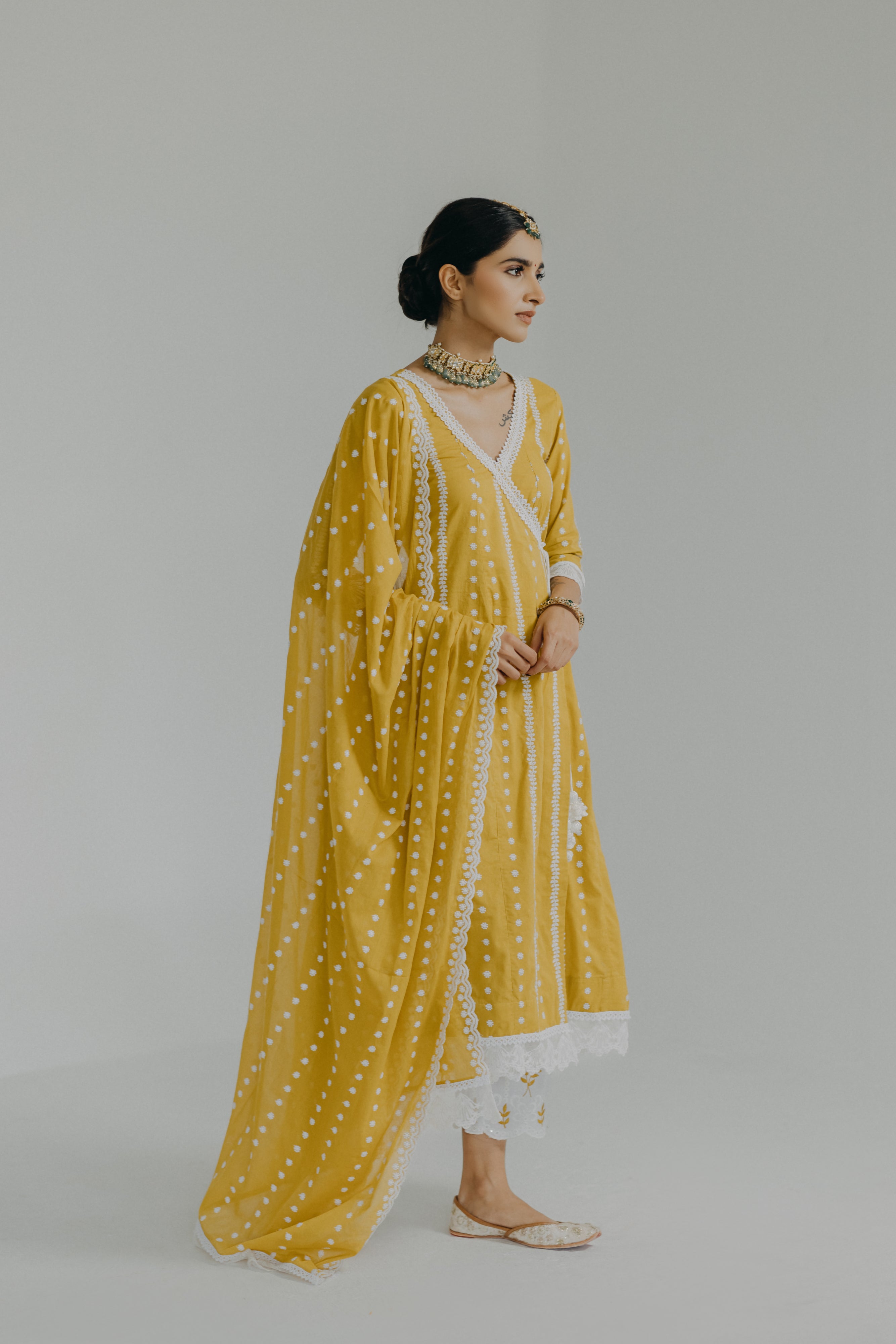 Amara Yellow Embroidered Cotton Angrakha, Pants & Dupatta Set
