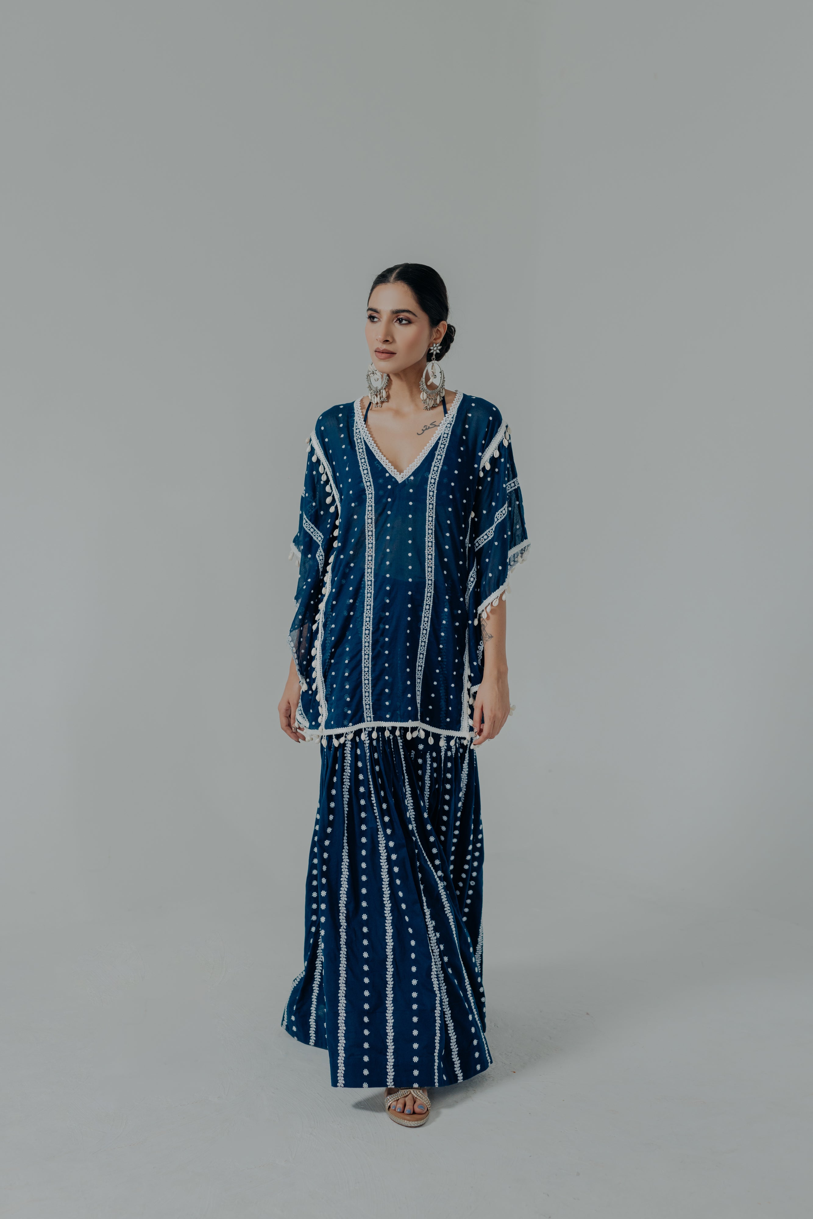 Saira Royal Blue Embroidered Cotton Kaftan, Blouse and Sharara Set