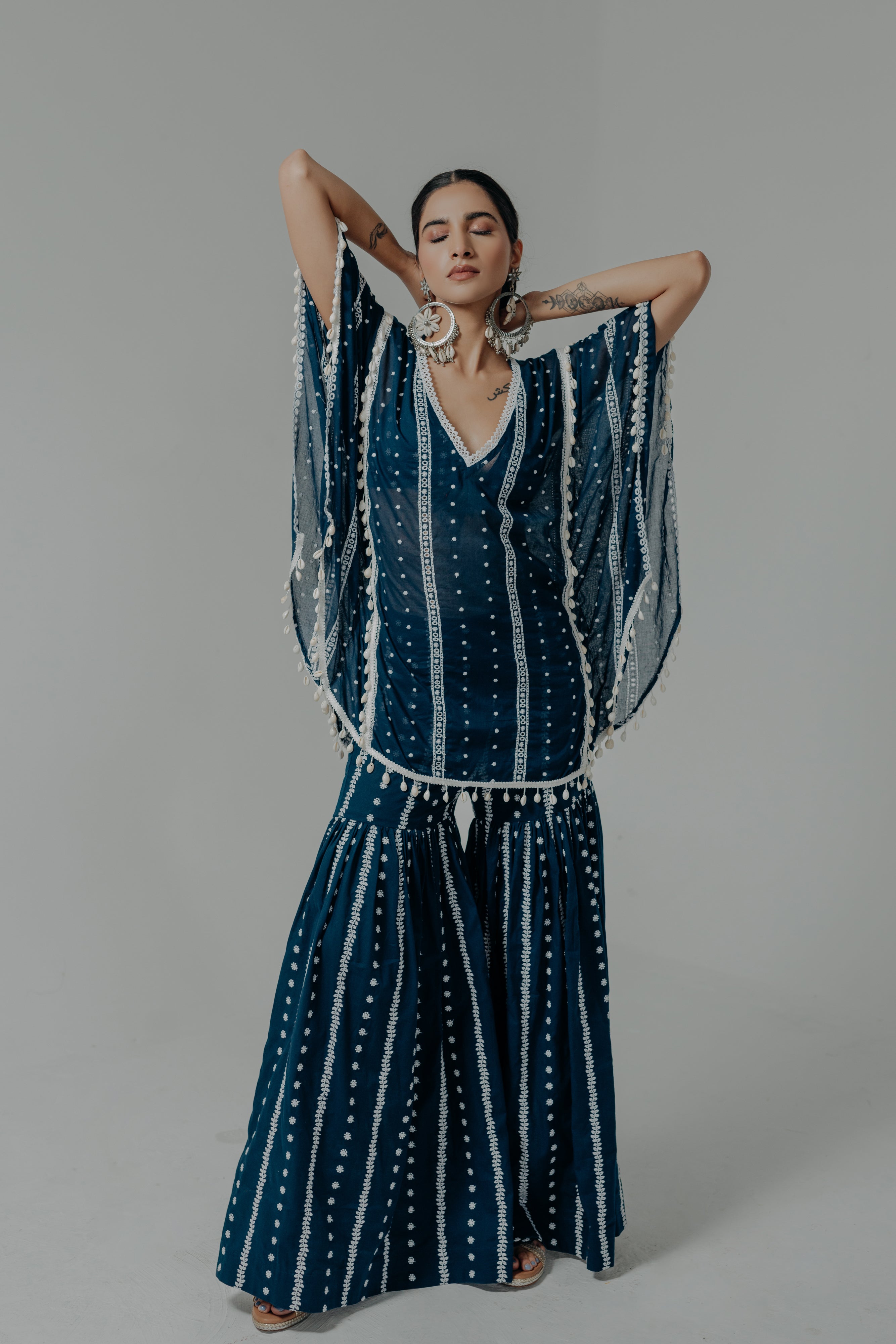 Saira Royal Blue Embroidered Cotton Kaftan, Blouse and Sharara Set