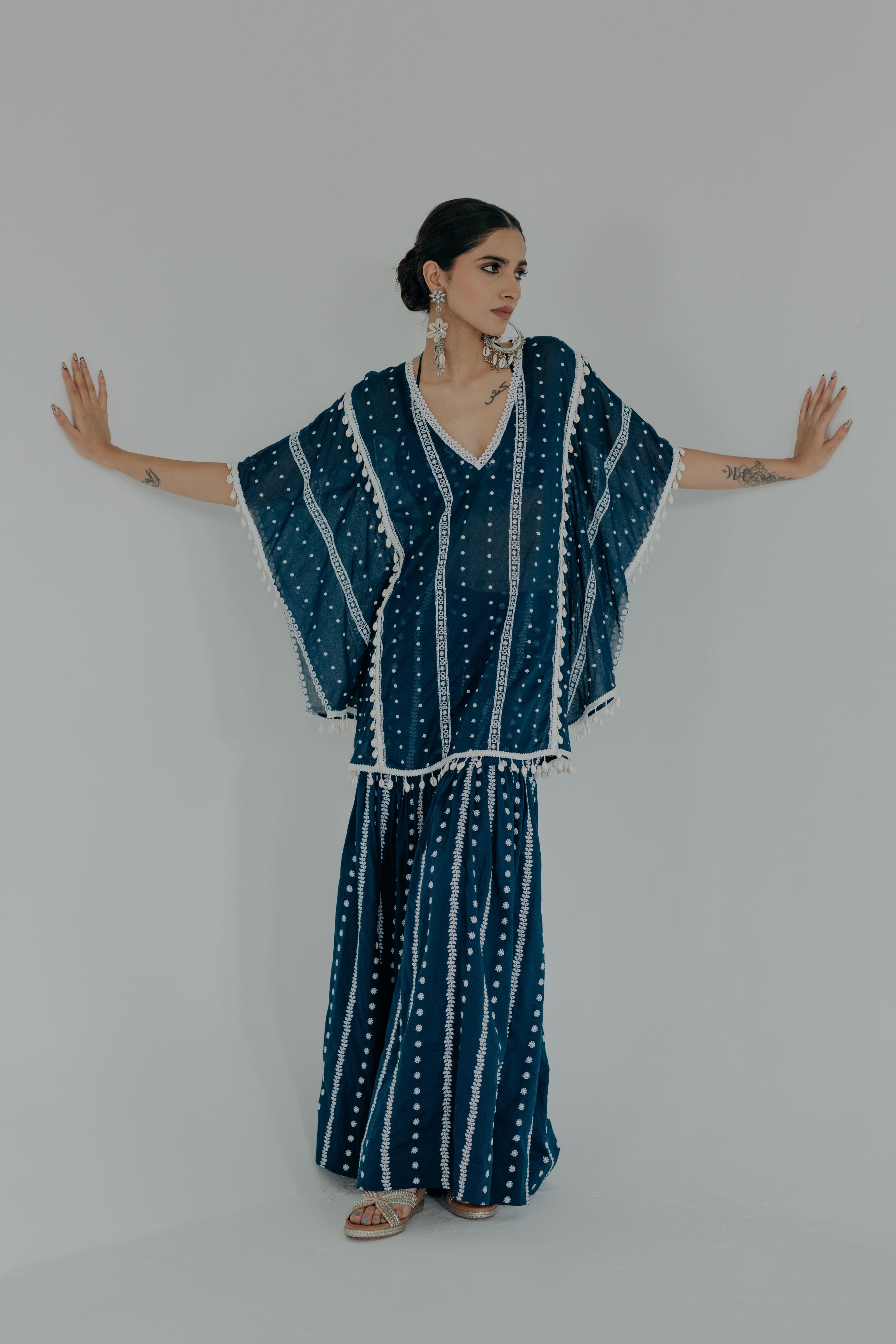 Saira Royal Blue Embroidered Cotton Kaftan, Blouse and Sharara Set