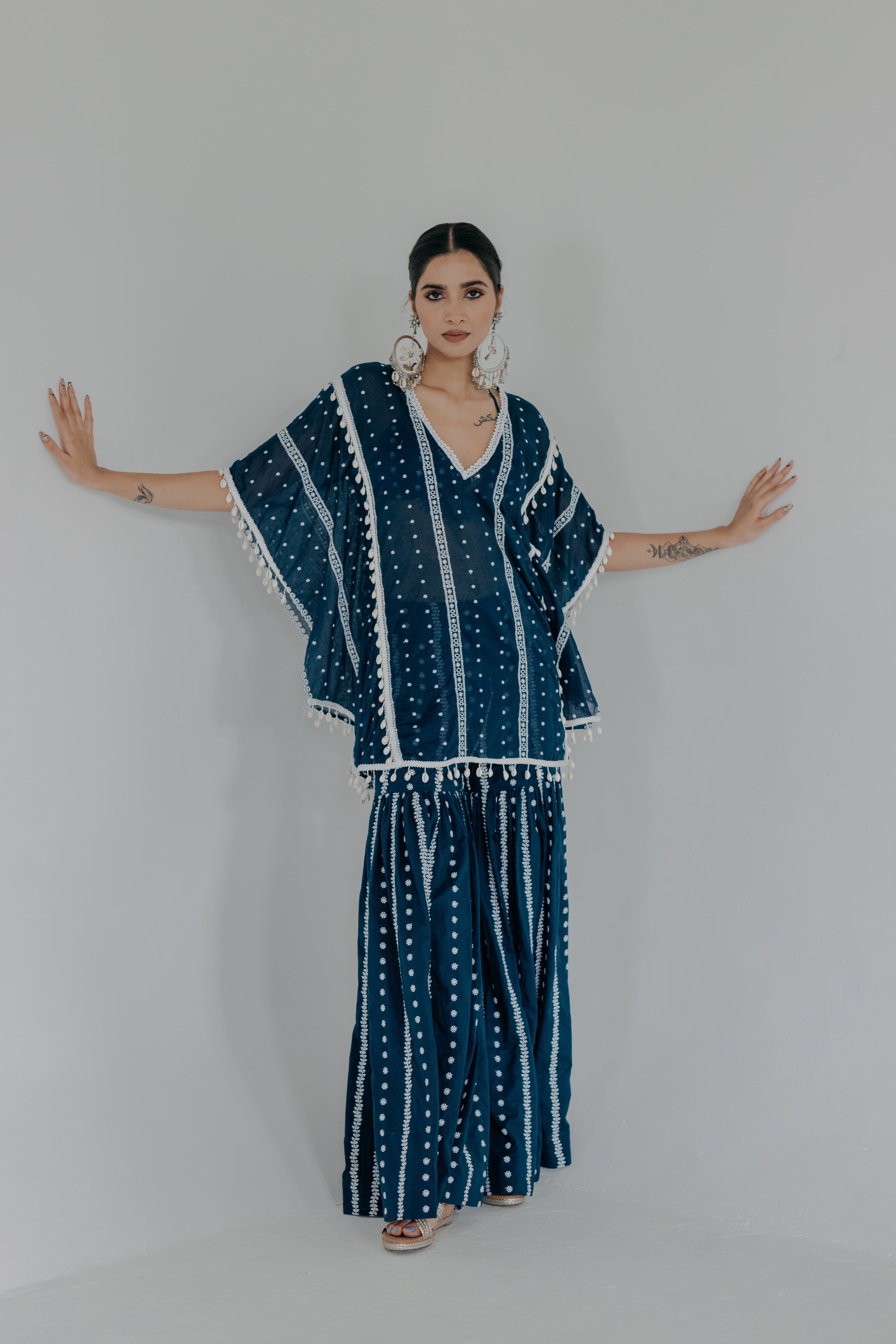 Saira Royal Blue Embroidered Cotton Kaftan, Blouse and Sharara Set