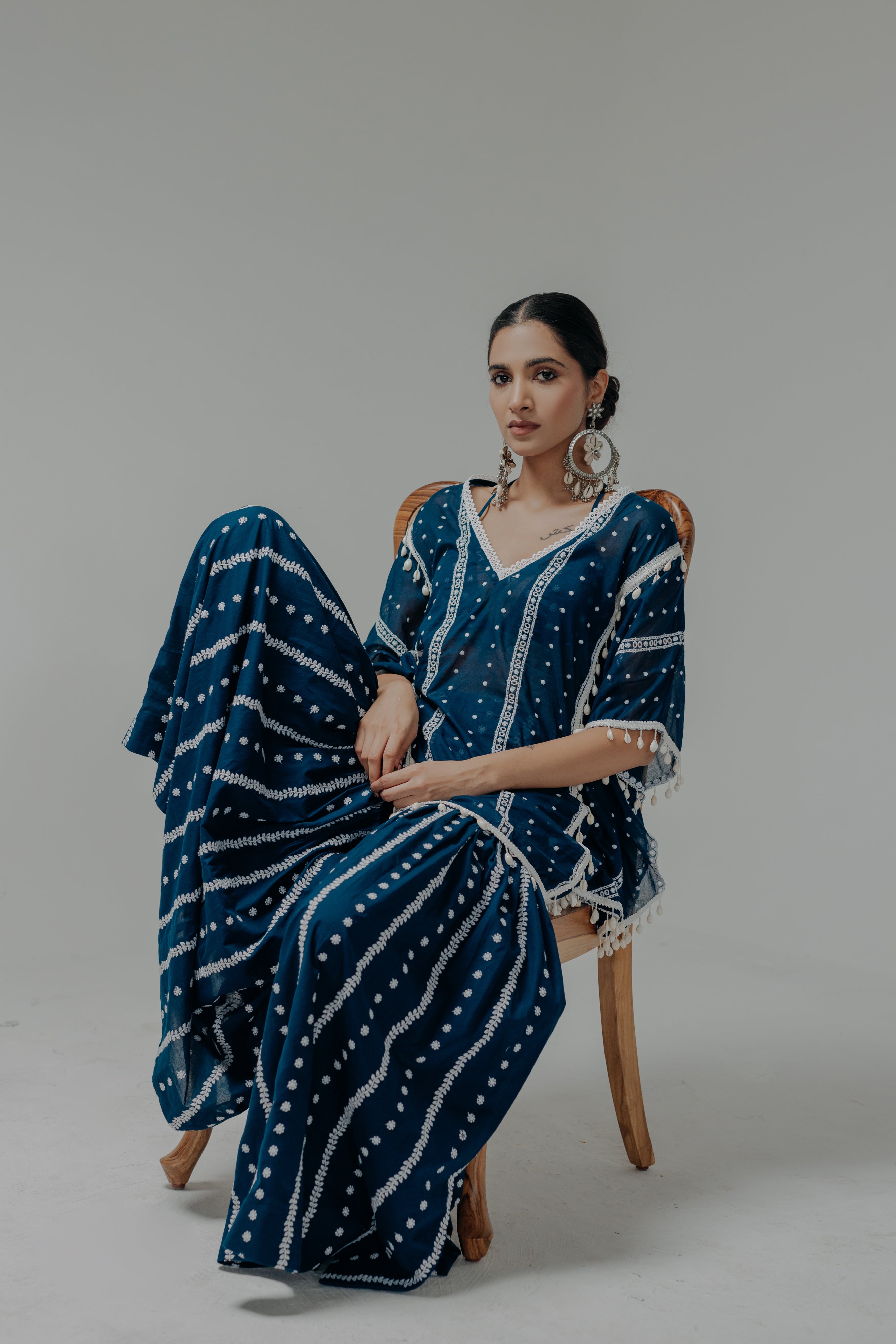 Saira Royal Blue Embroidered Cotton Kaftan, Blouse and Sharara Set