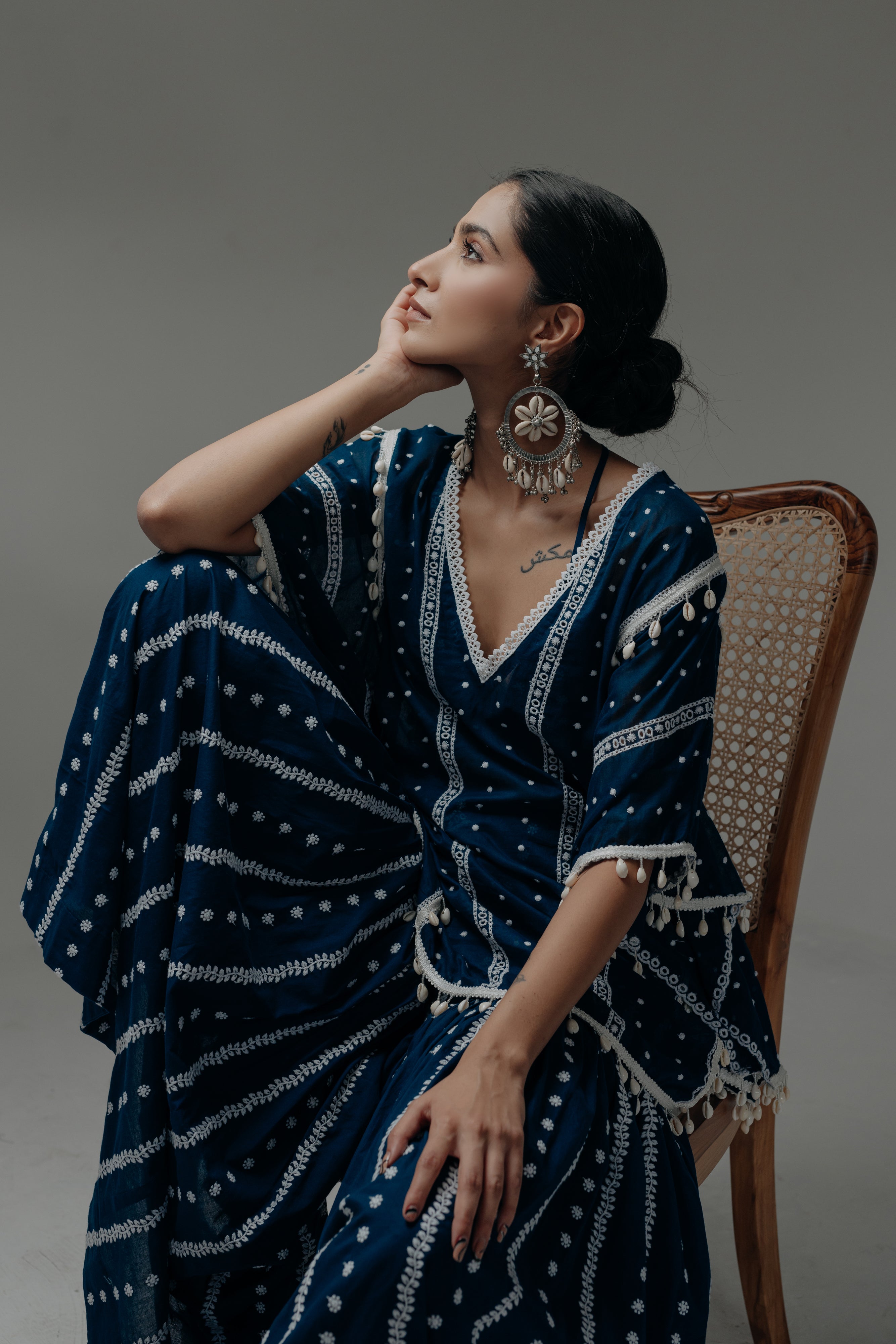 Saira Royal Blue Embroidered Cotton Kaftan, Blouse and Sharara Set