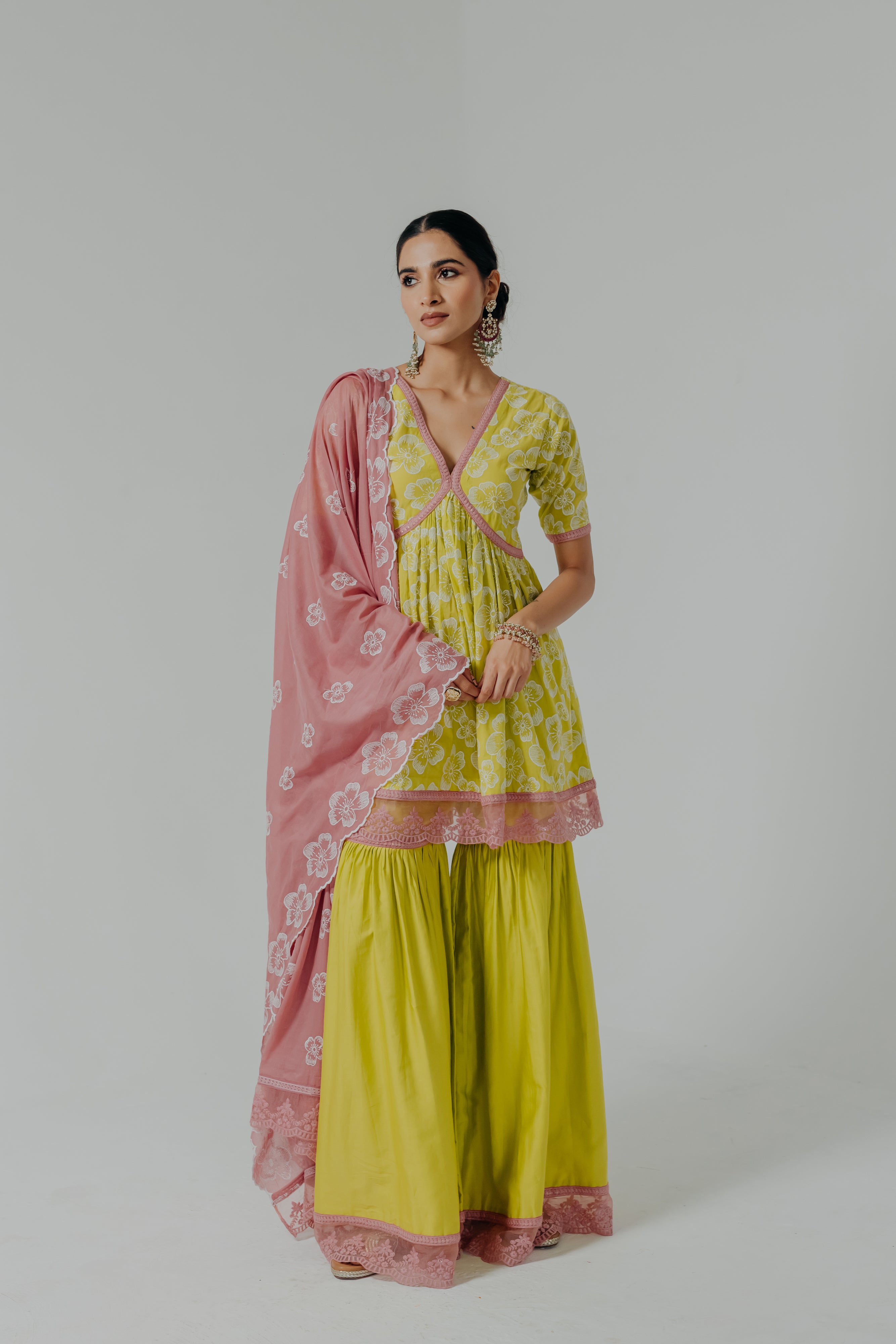 Shireen Green & Pink Embroidered Cotton Kurti, Sharara & Dupatta Set