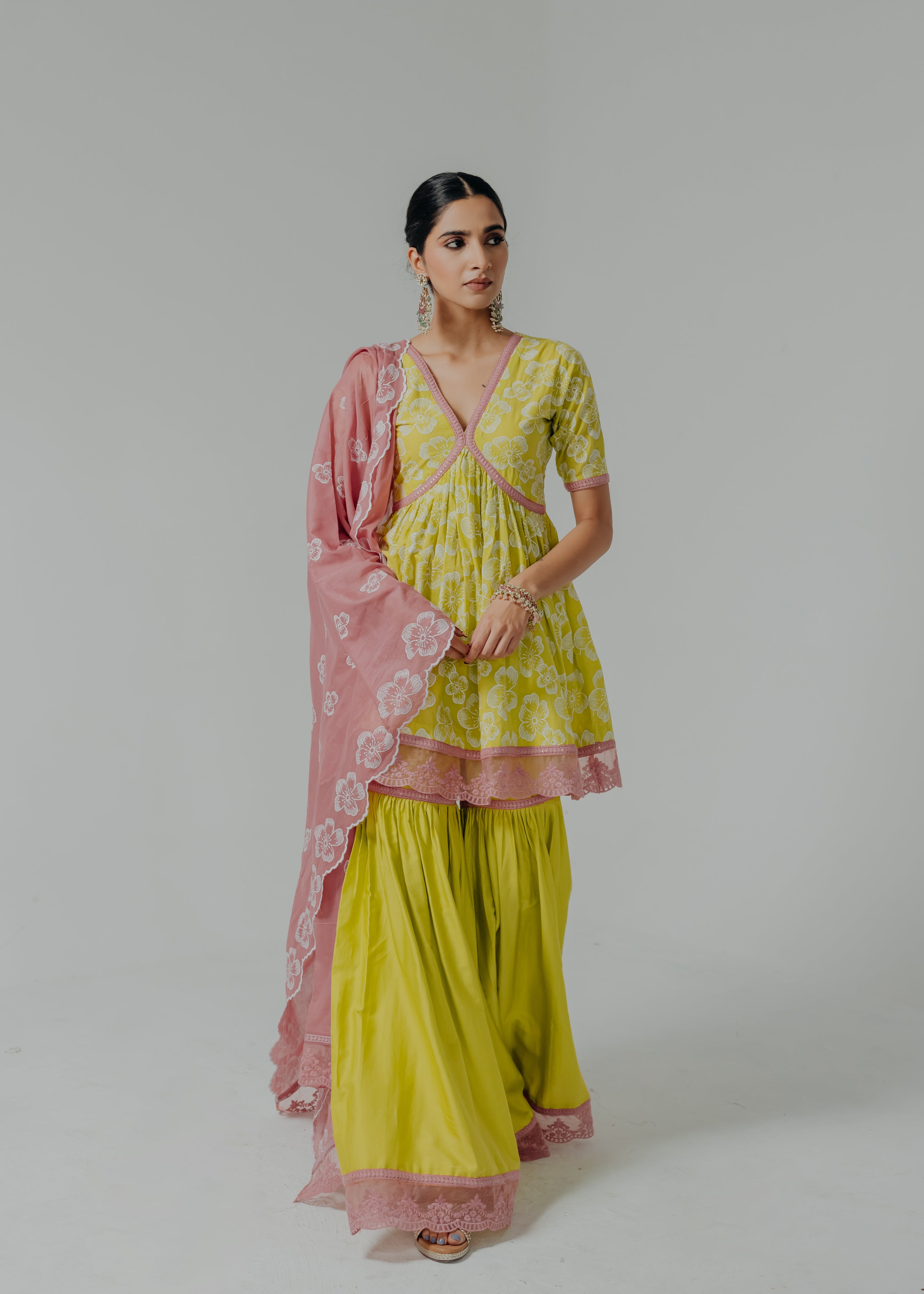 Shireen Green & Pink Embroidered Cotton Kurti, Sharara & Dupatta Set