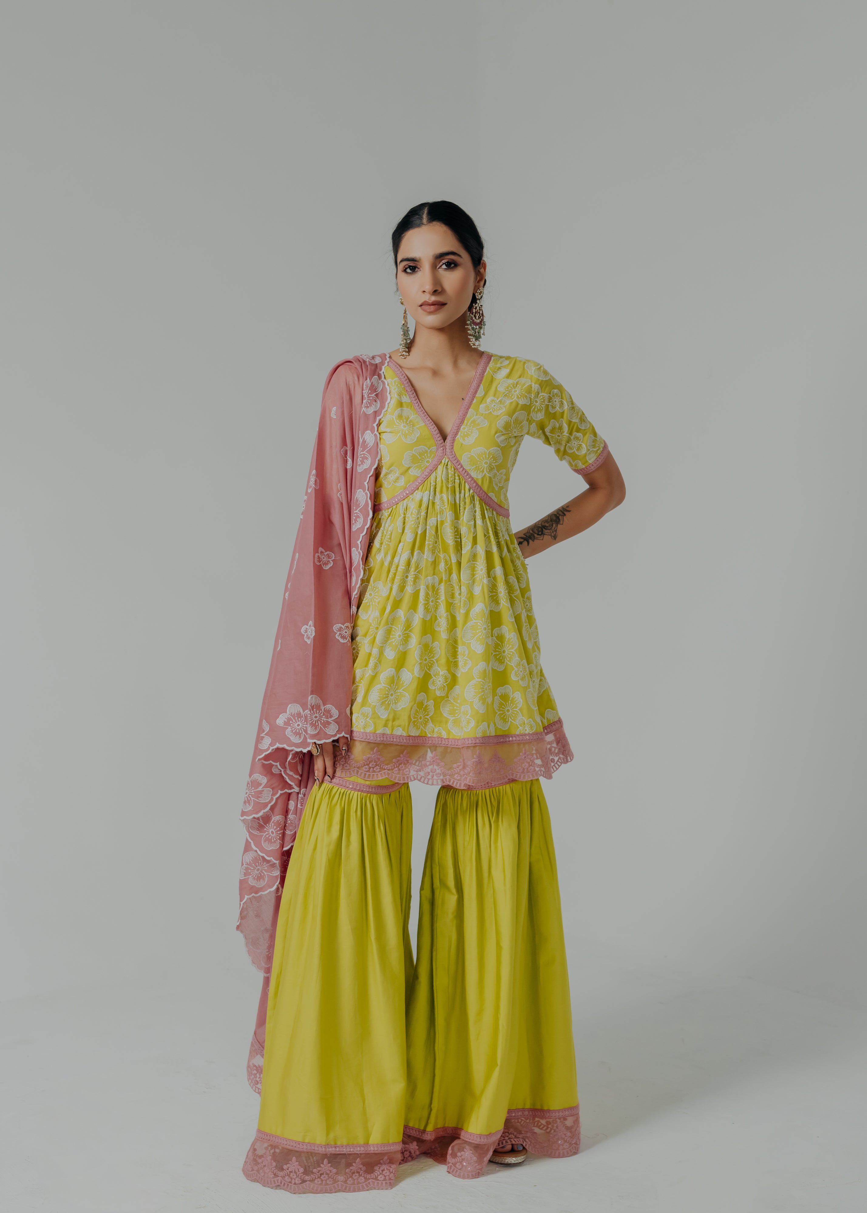 Shireen Green & Pink Embroidered Cotton Kurti, Sharara & Dupatta Set