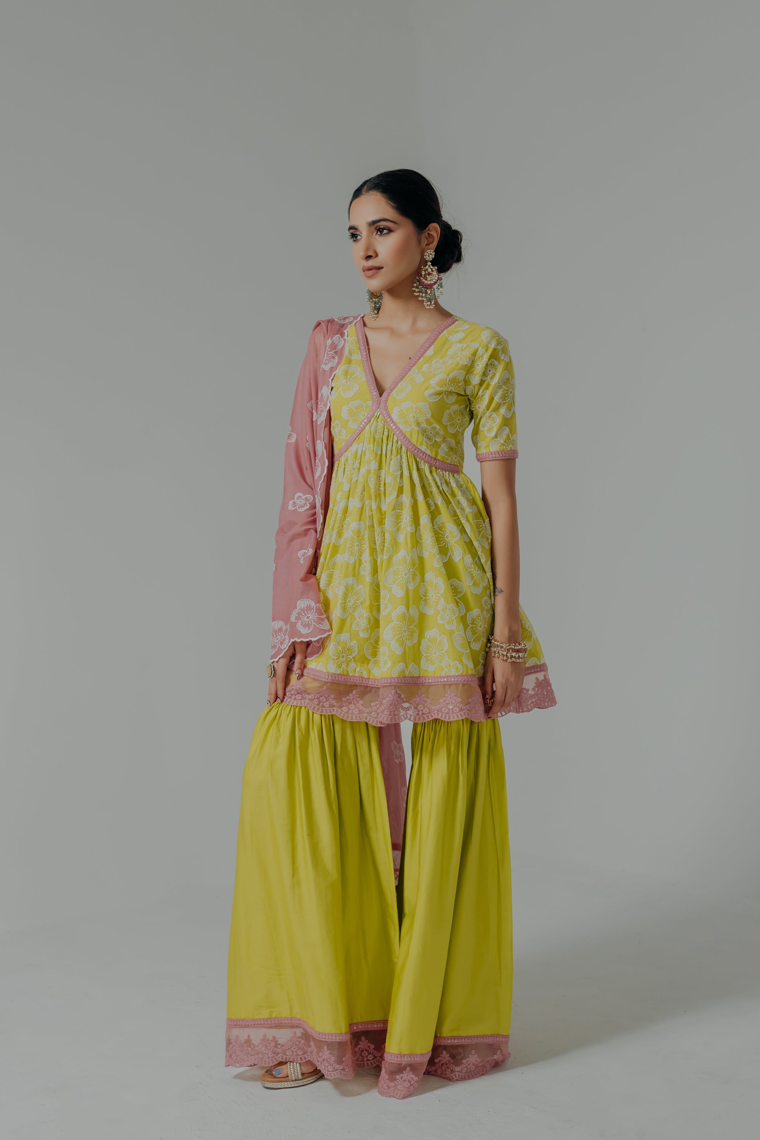 Shireen Green & Pink Embroidered Cotton Kurti, Sharara & Dupatta Set