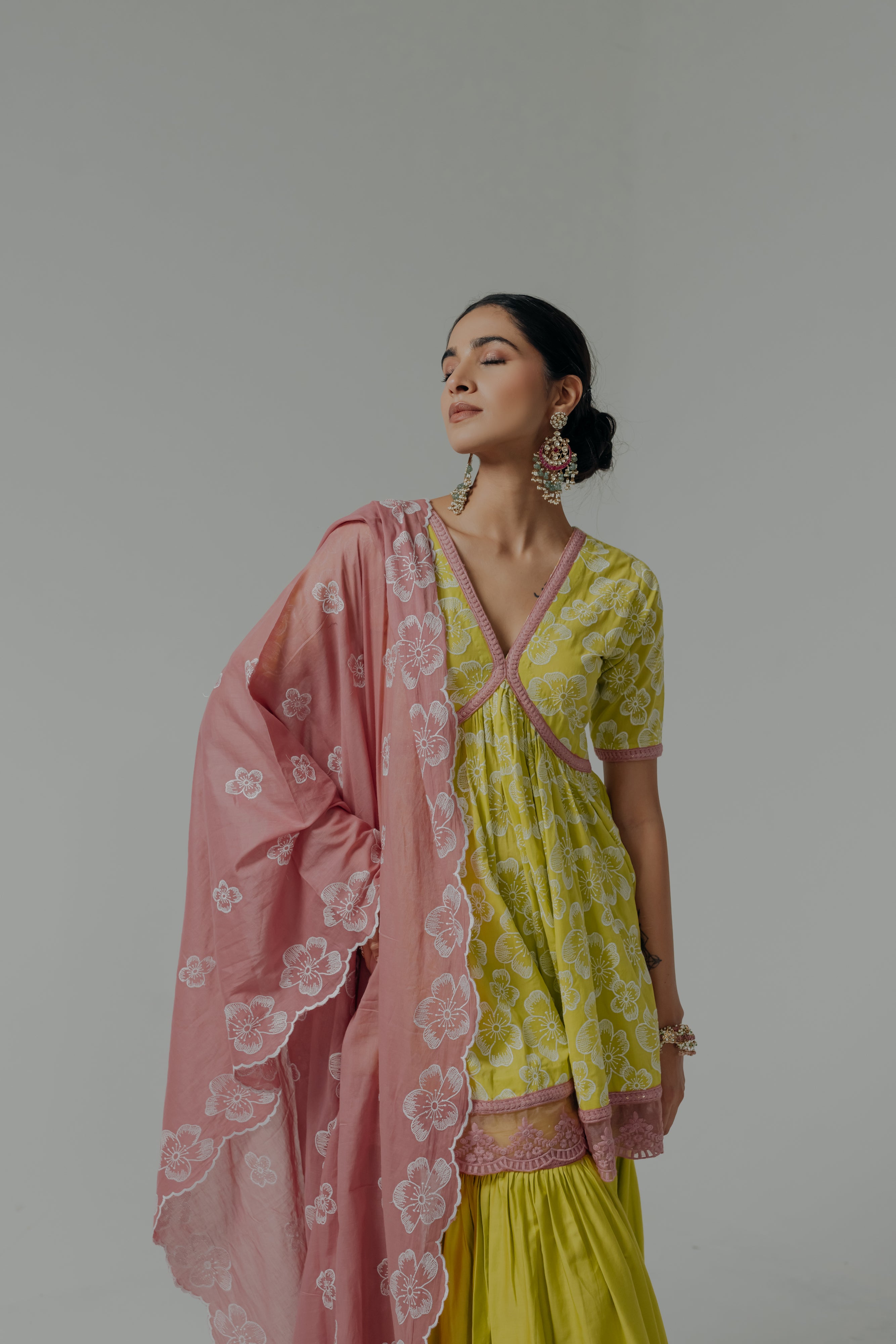 Shireen Green & Pink Embroidered Cotton Kurti, Sharara & Dupatta Set