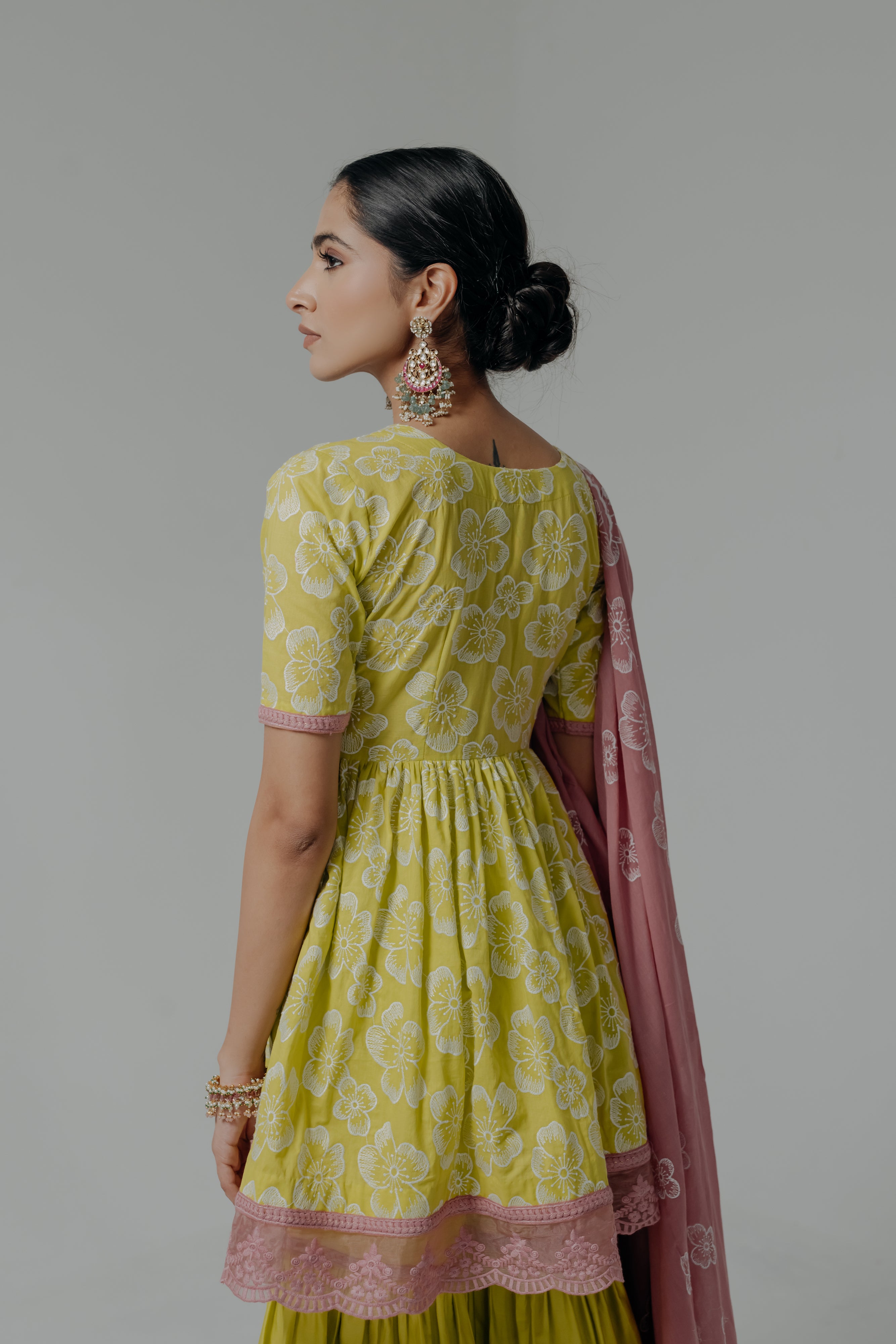 Shireen Pink & Green Embroidered Cotton Kurti