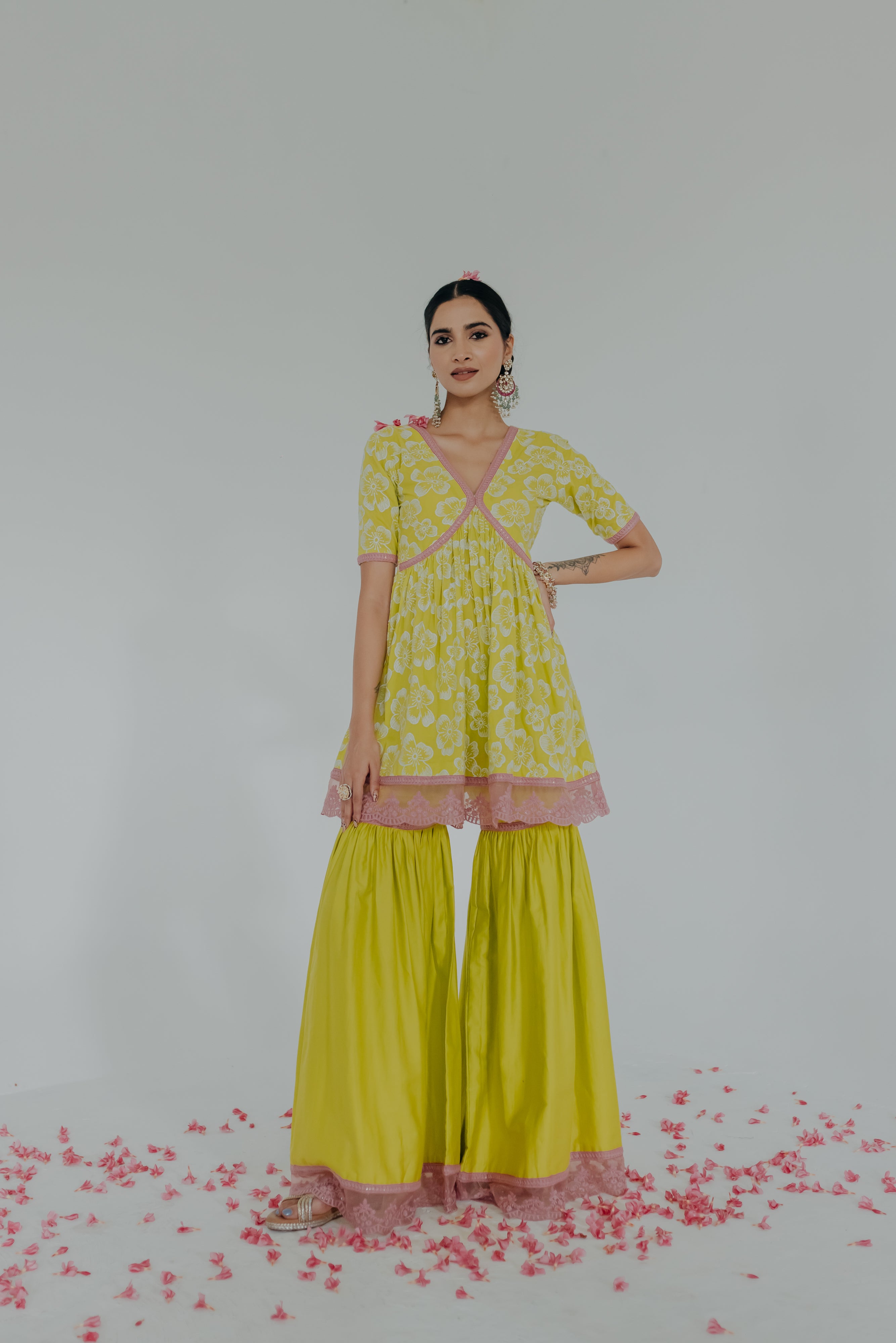 Shireen Green & Pink Embroidered Cotton Kurti & Sharara Set