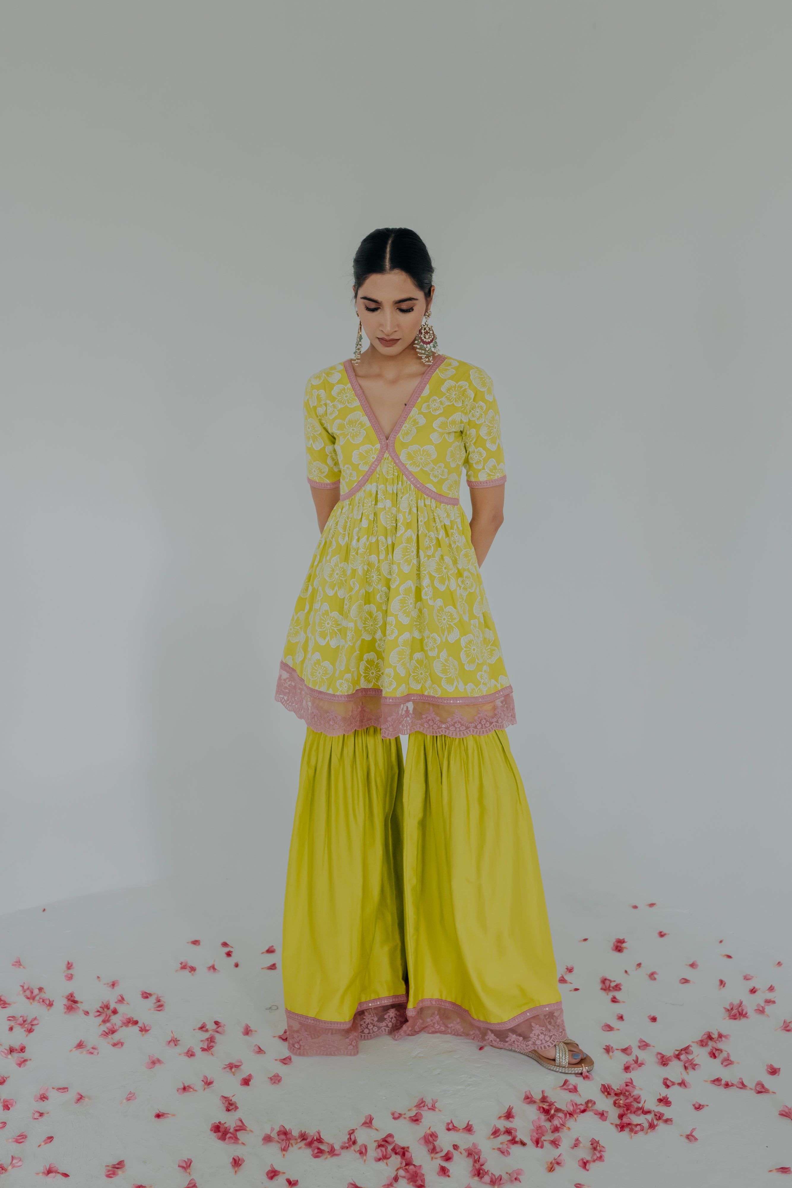 Shireen Green & Pink Embroidered Cotton Kurti & Sharara Set