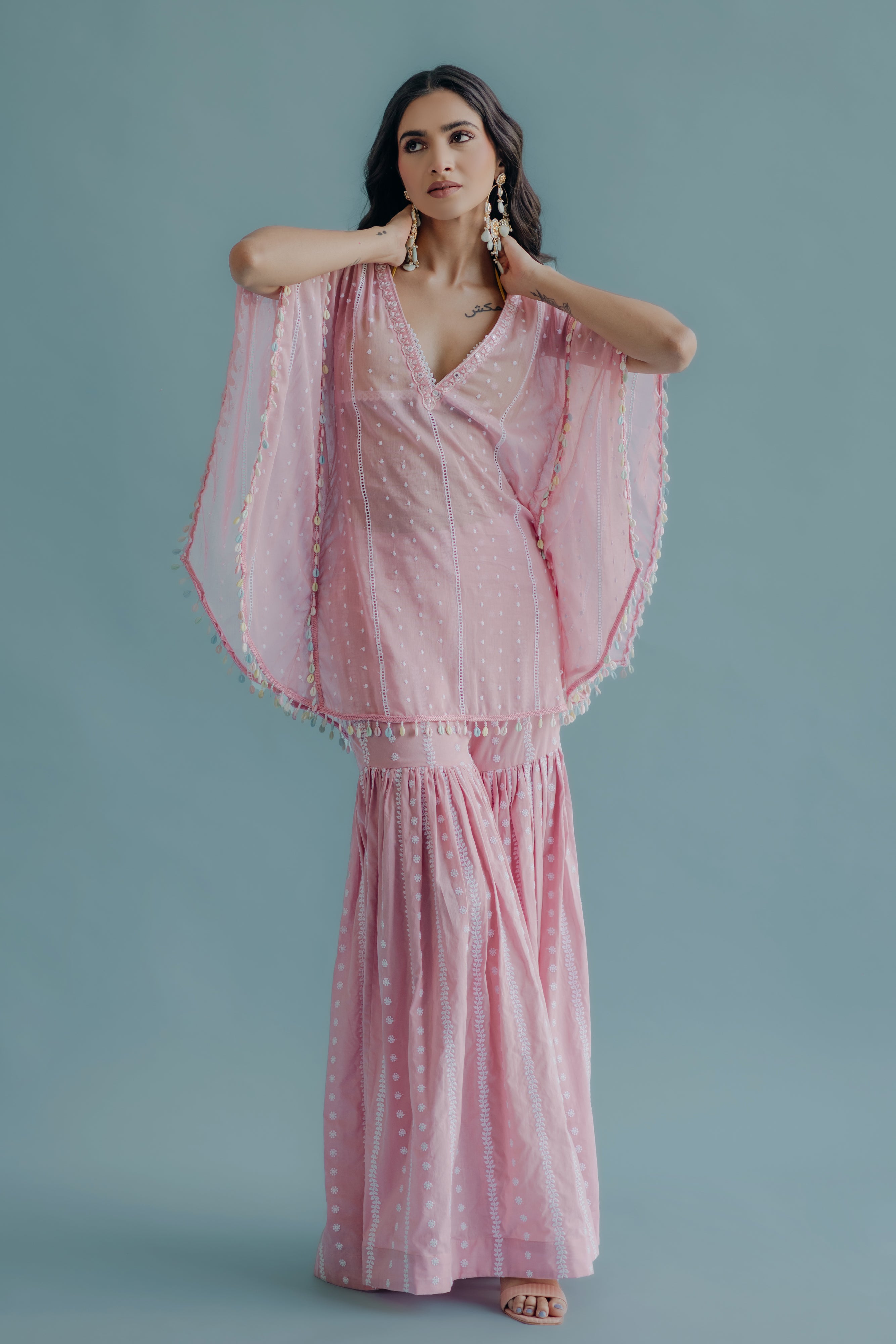 Laila Pink & Yellow Embroidered Cotton Kaftan, Blouse and Sharara Set