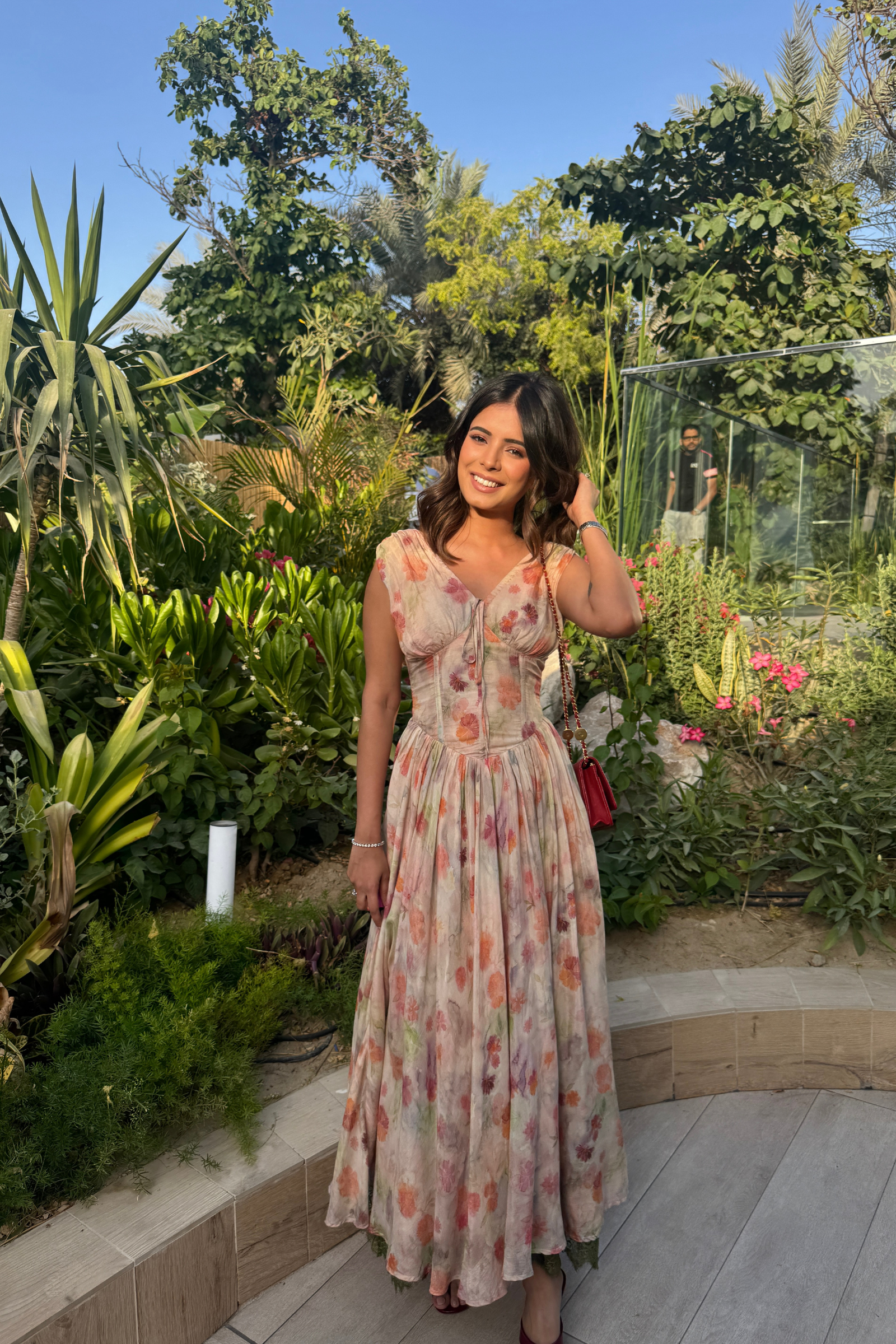 Alba Beige Muslin Floral Corset Midi Dress