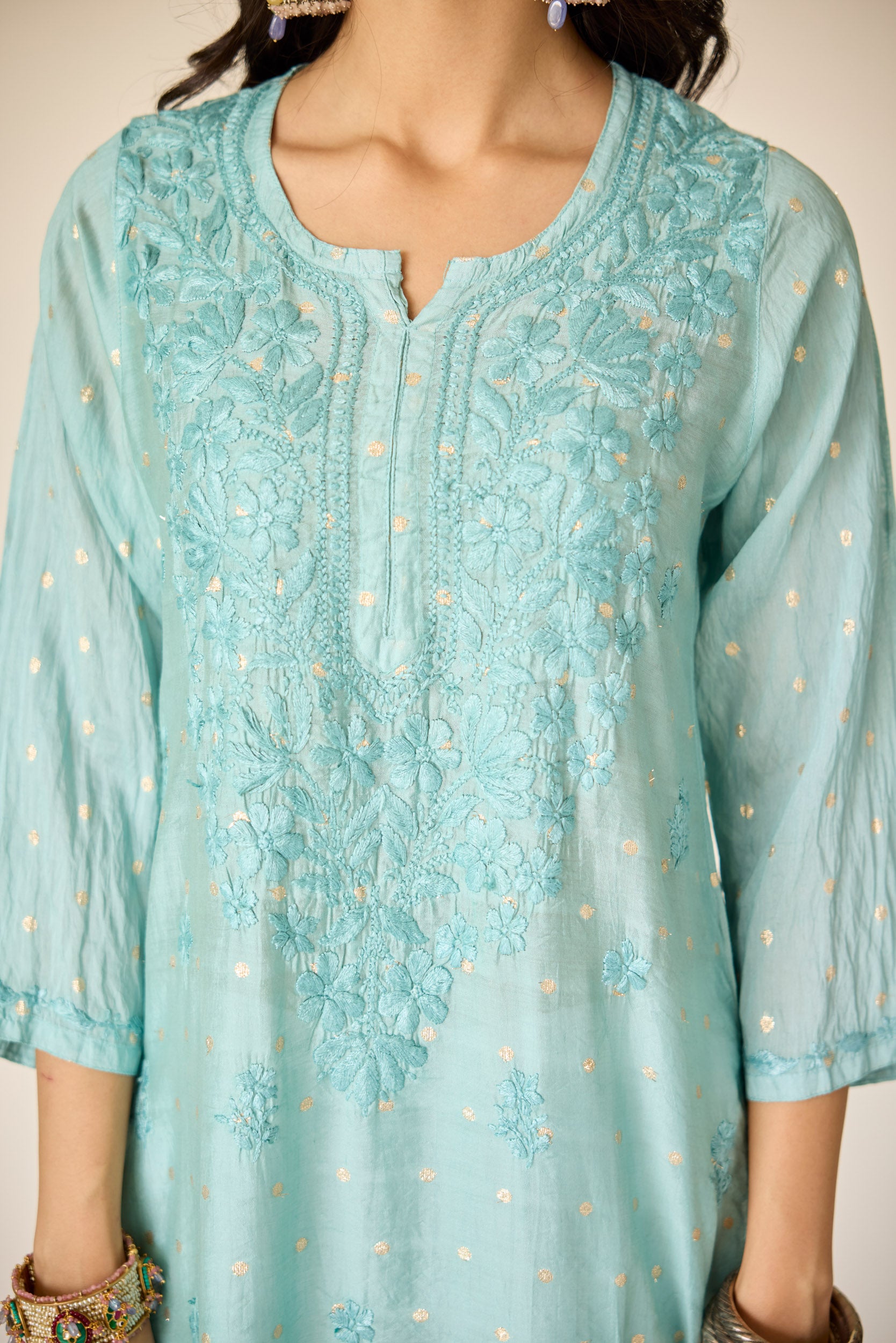 Wafa Blue Chanderi Hand Embroidered Chikankari Kurta