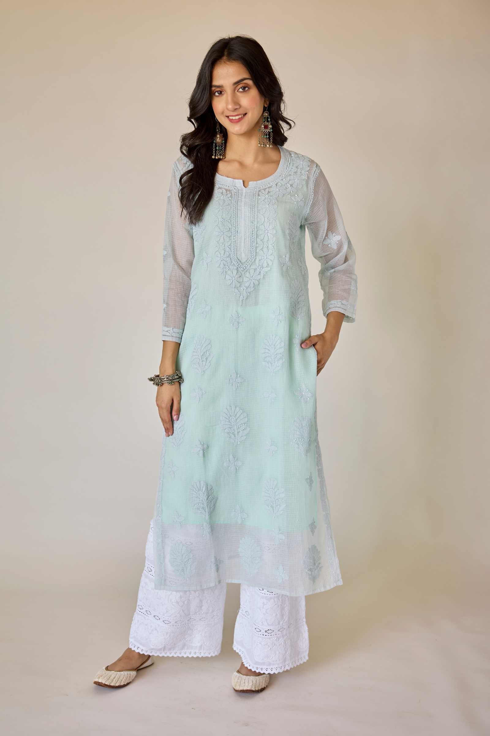 Dehra Blue Kota Hand Embroidered Chikankari Kurta with Slip