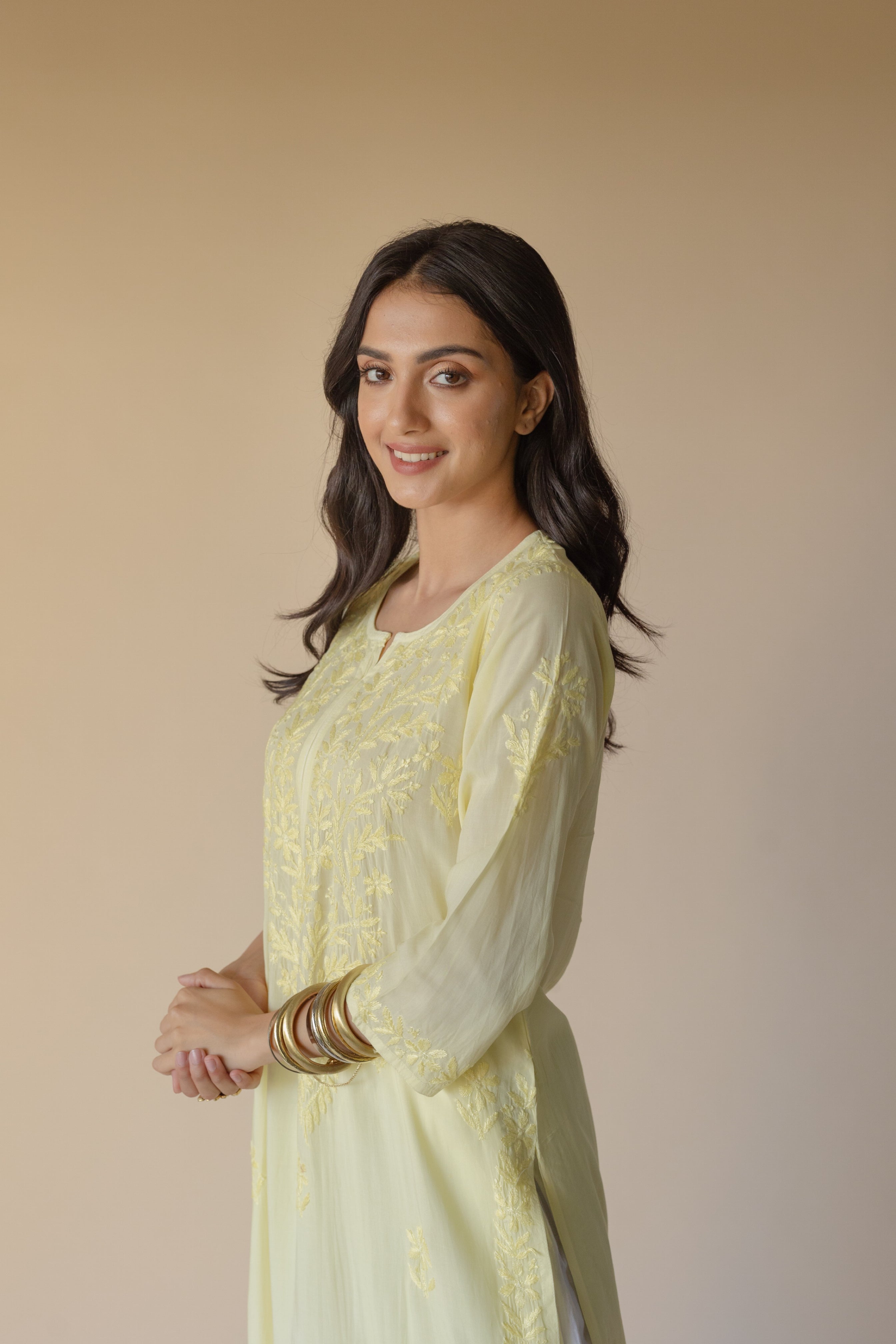 Samreen Yellow Modal Hand Embroidered Chikankari Kurta