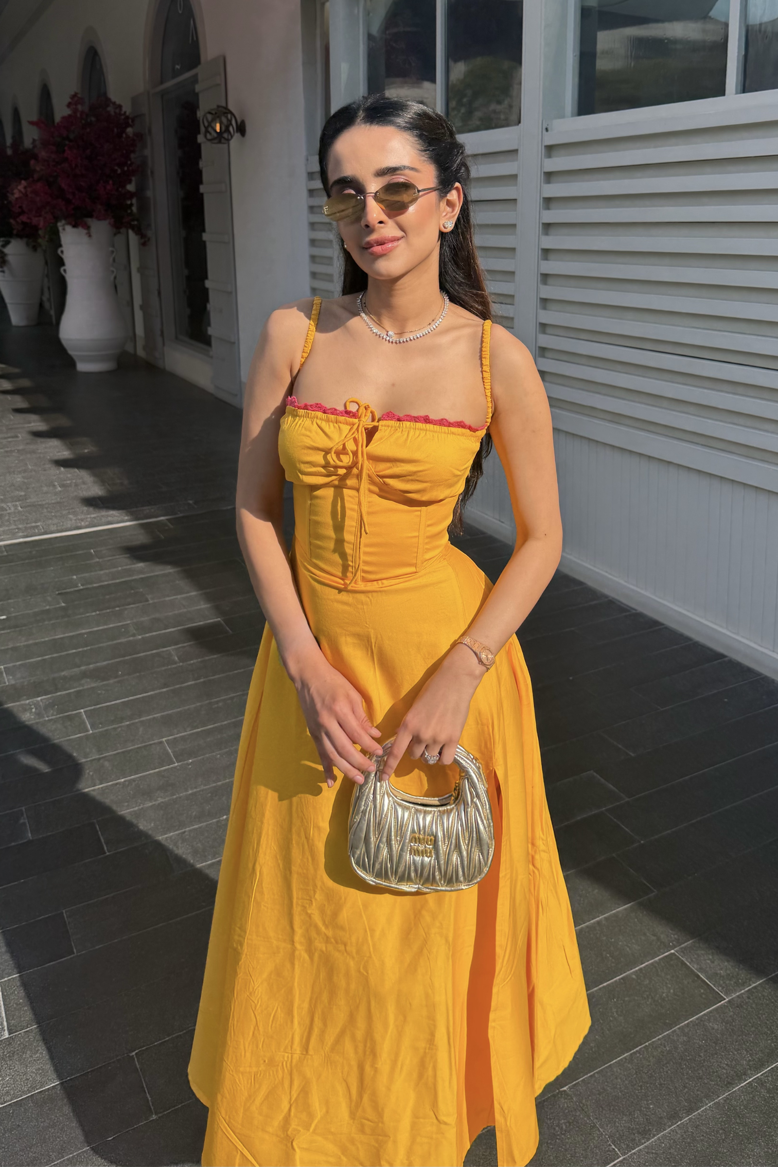 The Sunset Hour Yellow Corset Midi Slit Dress