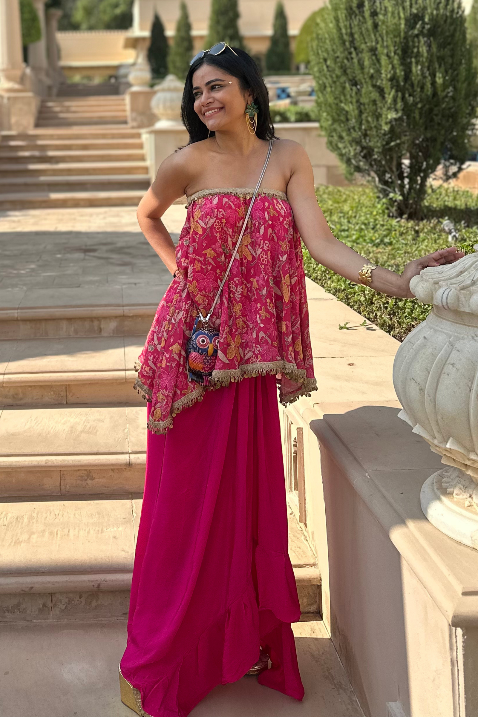 Aleesa Off-Shoulder Hot Pink Muslin Top & Crepe Skirt Set