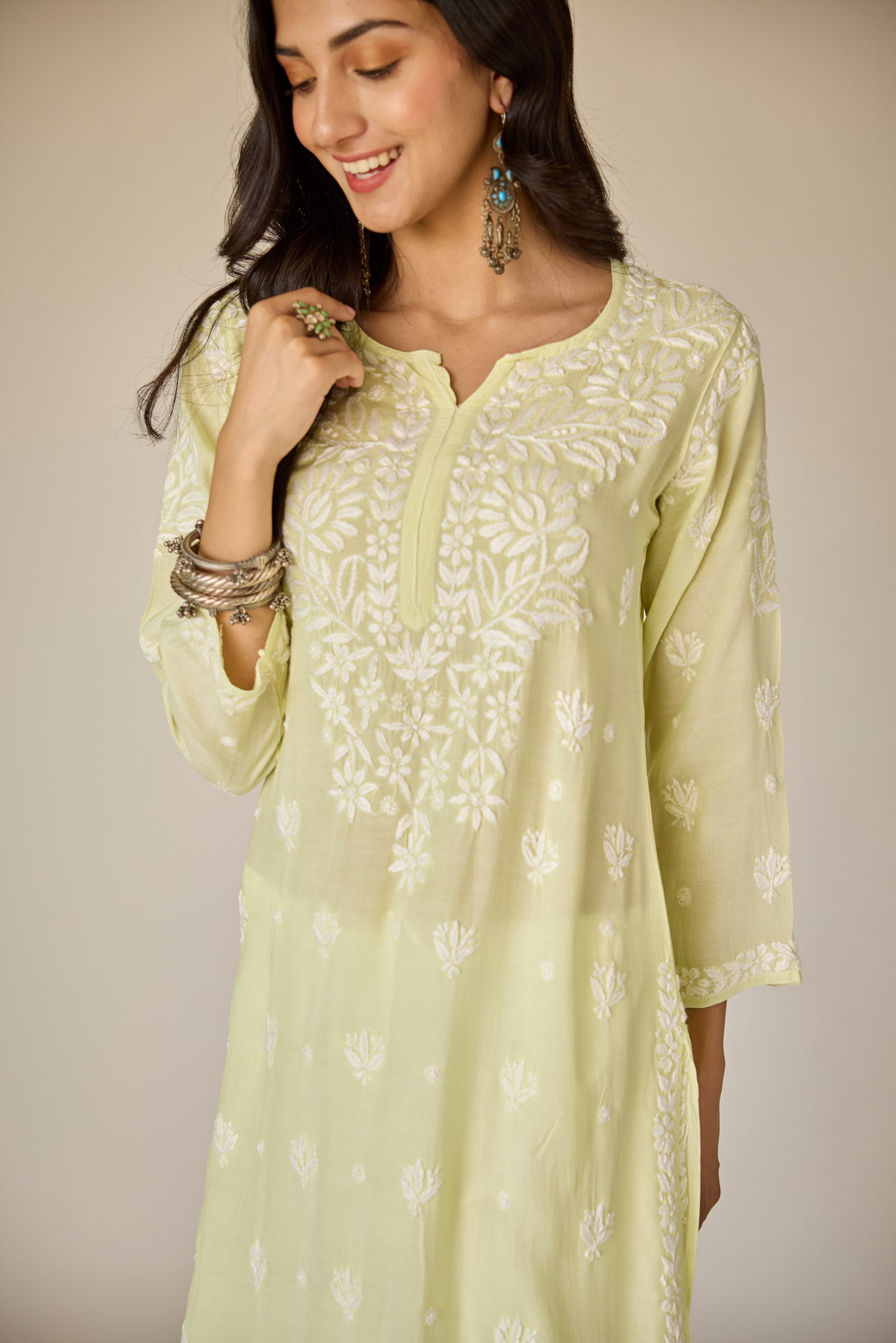 Raha Lime Green Muslin Hand Embroidered Chikankari Kurta