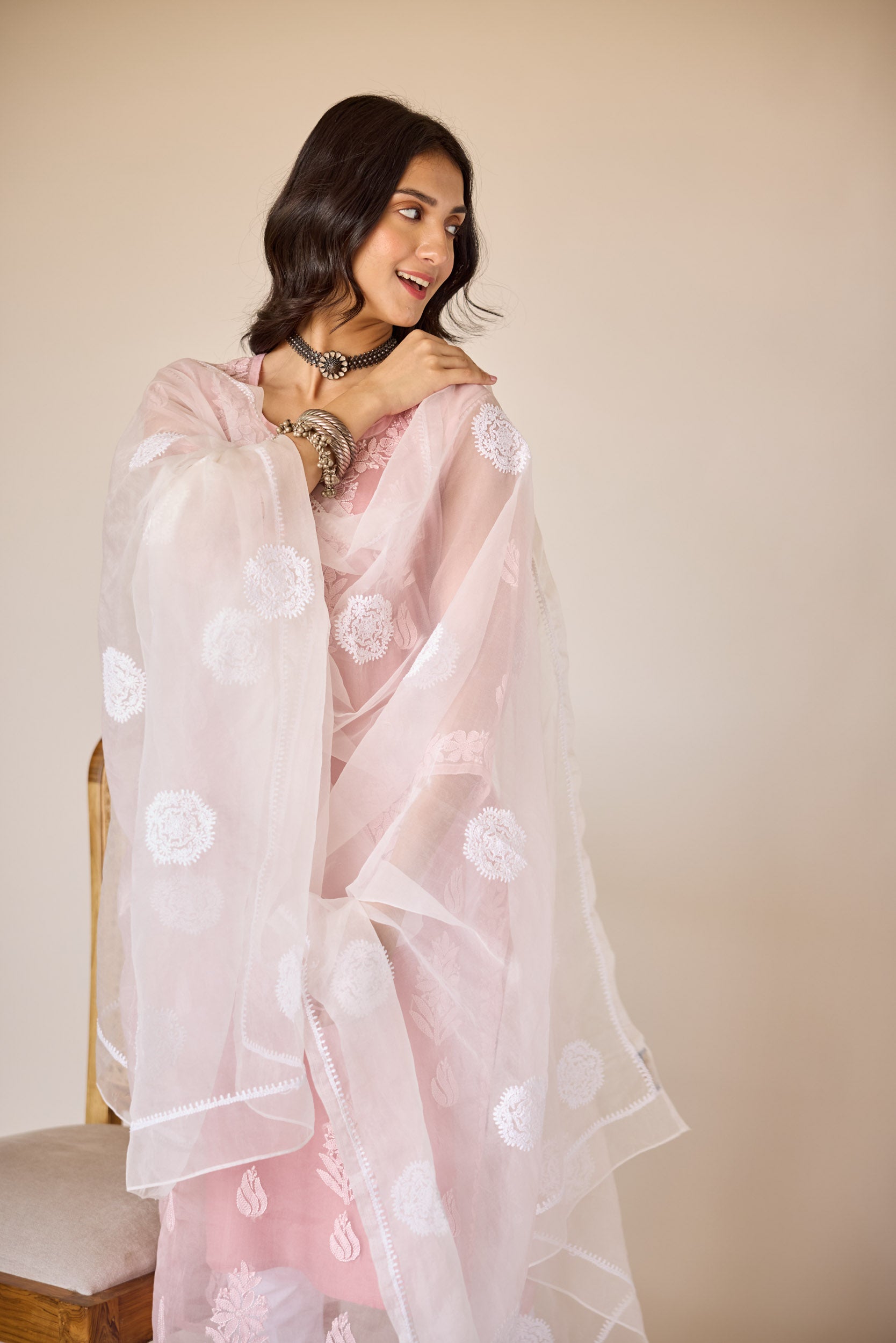 Nimrah Pink Organza Hand Embroidered Chikankari Kurta with Slip