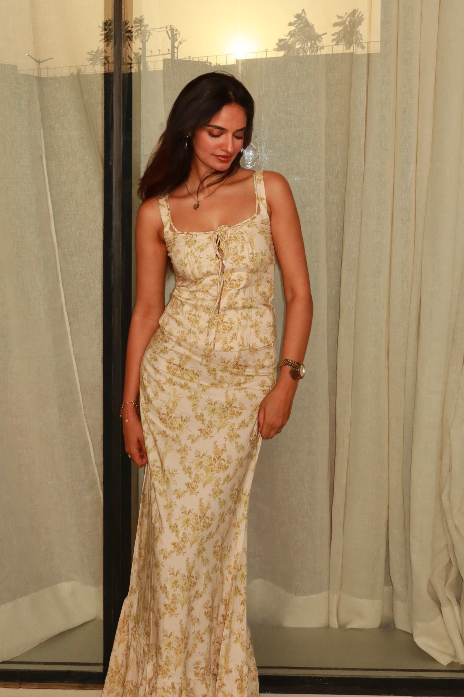 Sierra Cream & Green Cotton Floral Top & Maxi Skirt Set