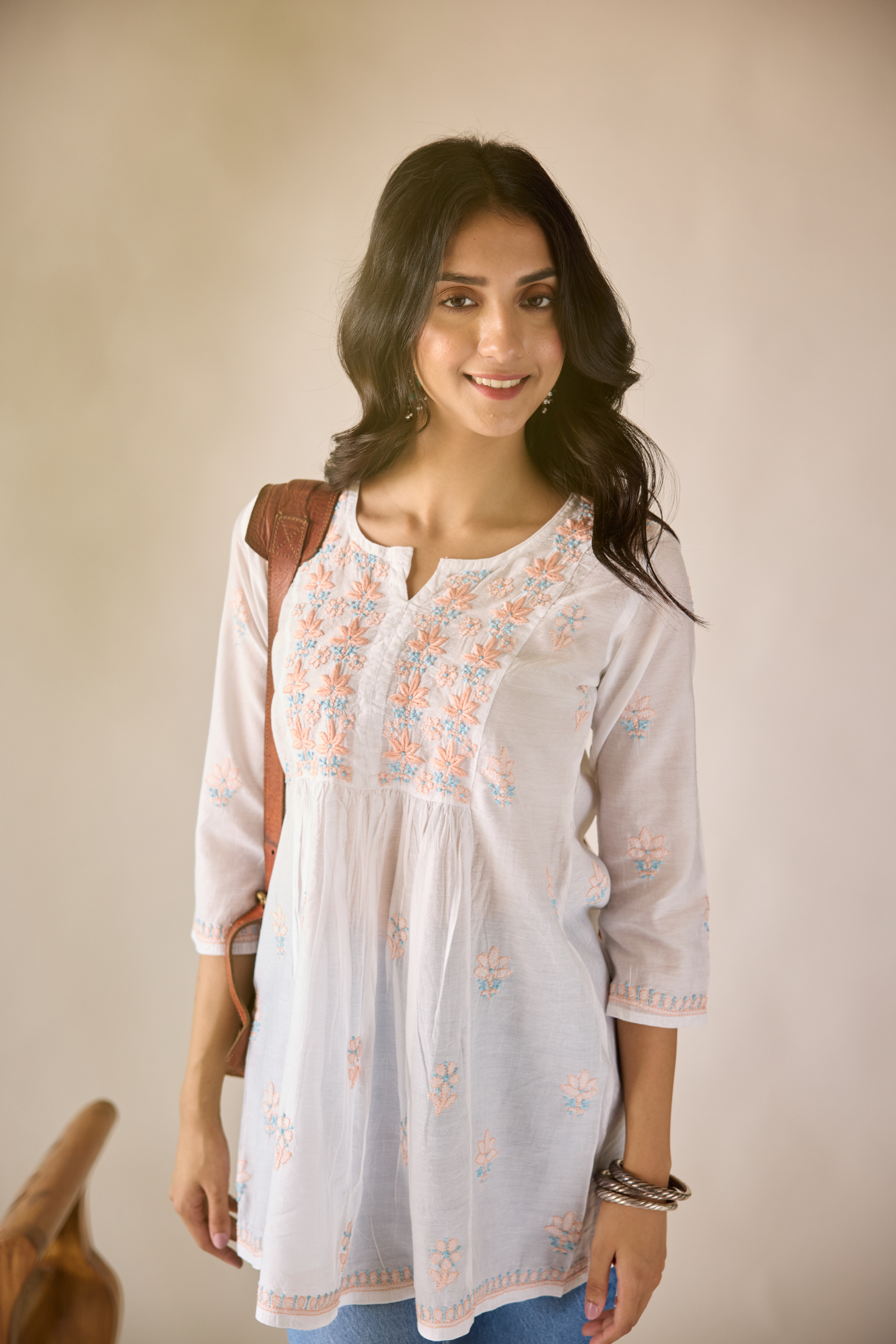Deepa White Chanderi Hand Embroidered Short Chikankari Kurti